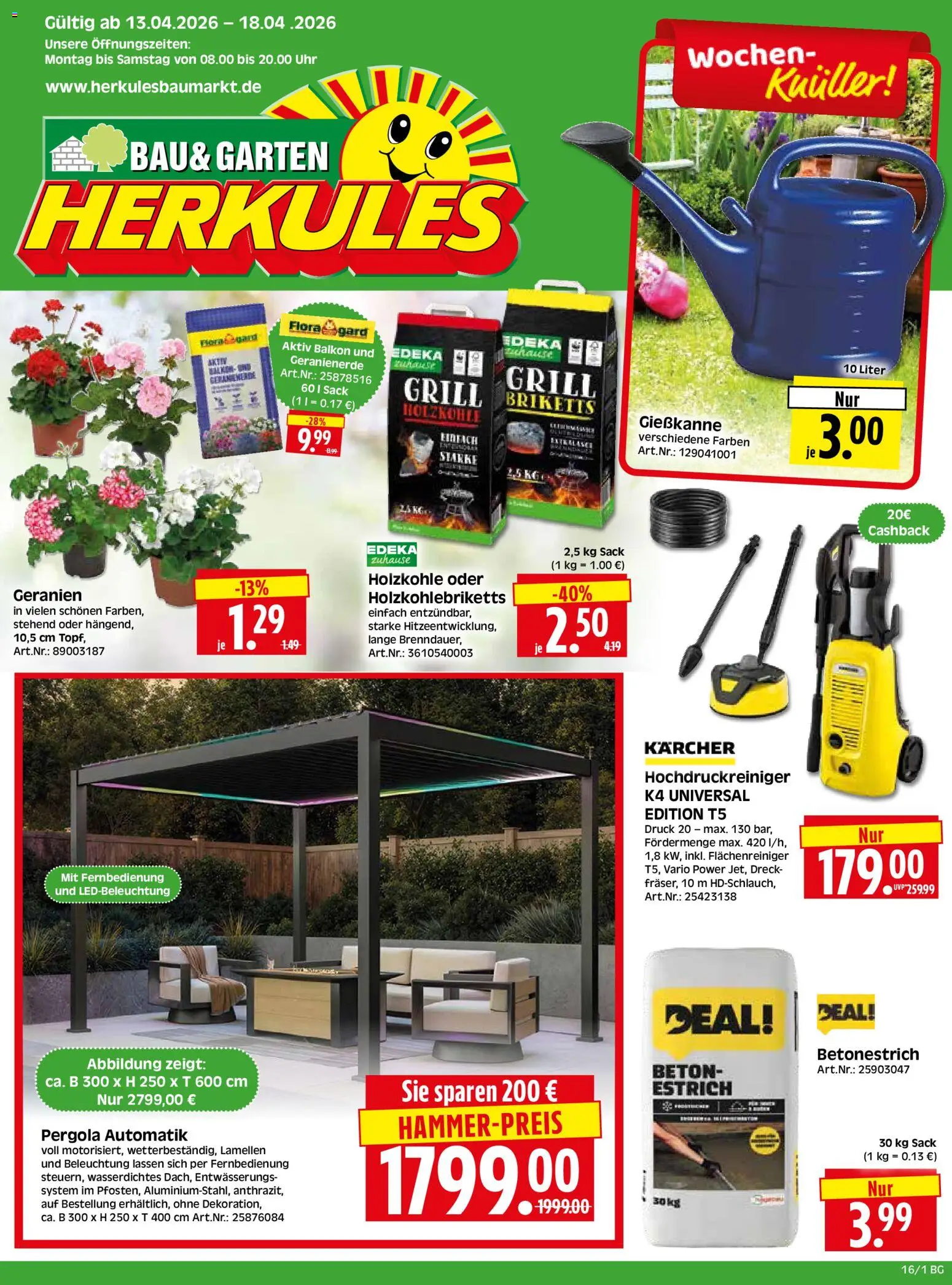 HERKULES Bau & Garten – gültig ab 13.04.2026 | Seite: 1 | Produkte: Grill, Geranien, Hochdruckreiniger, Uhr