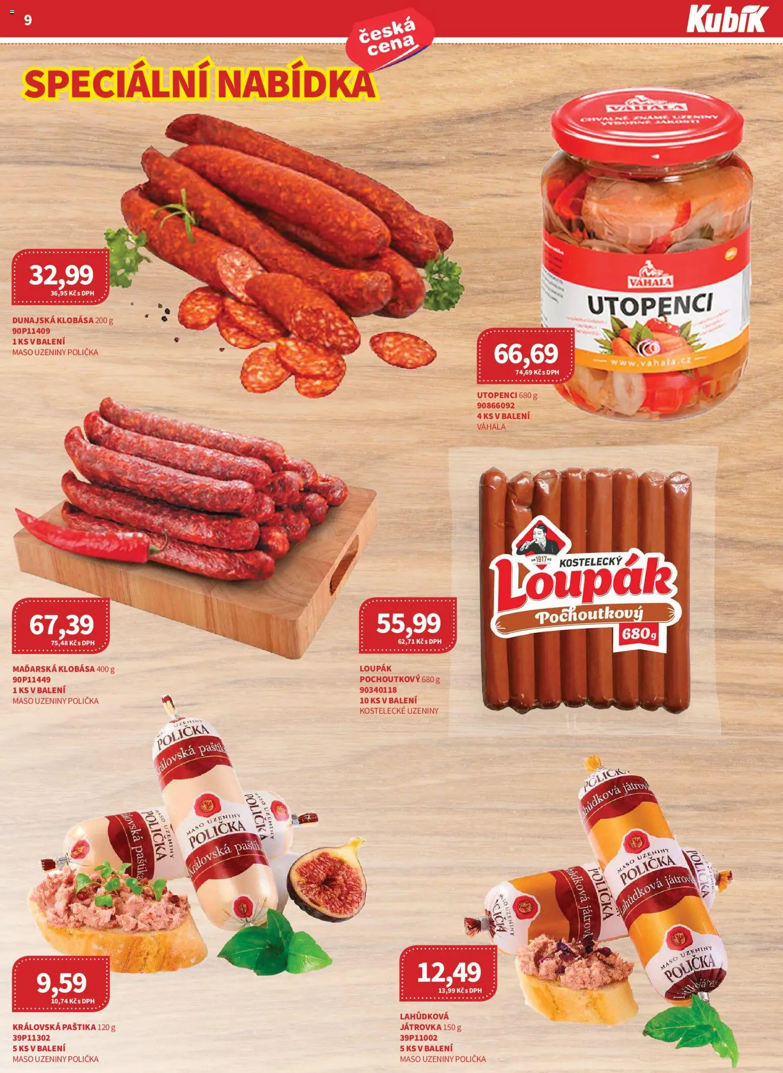 Kubík leták - Velkoobchod 04/2026 od 01.04.2026 | Strana: 9 | Produkty: Polička, Klobása, Utopenci, Paštika