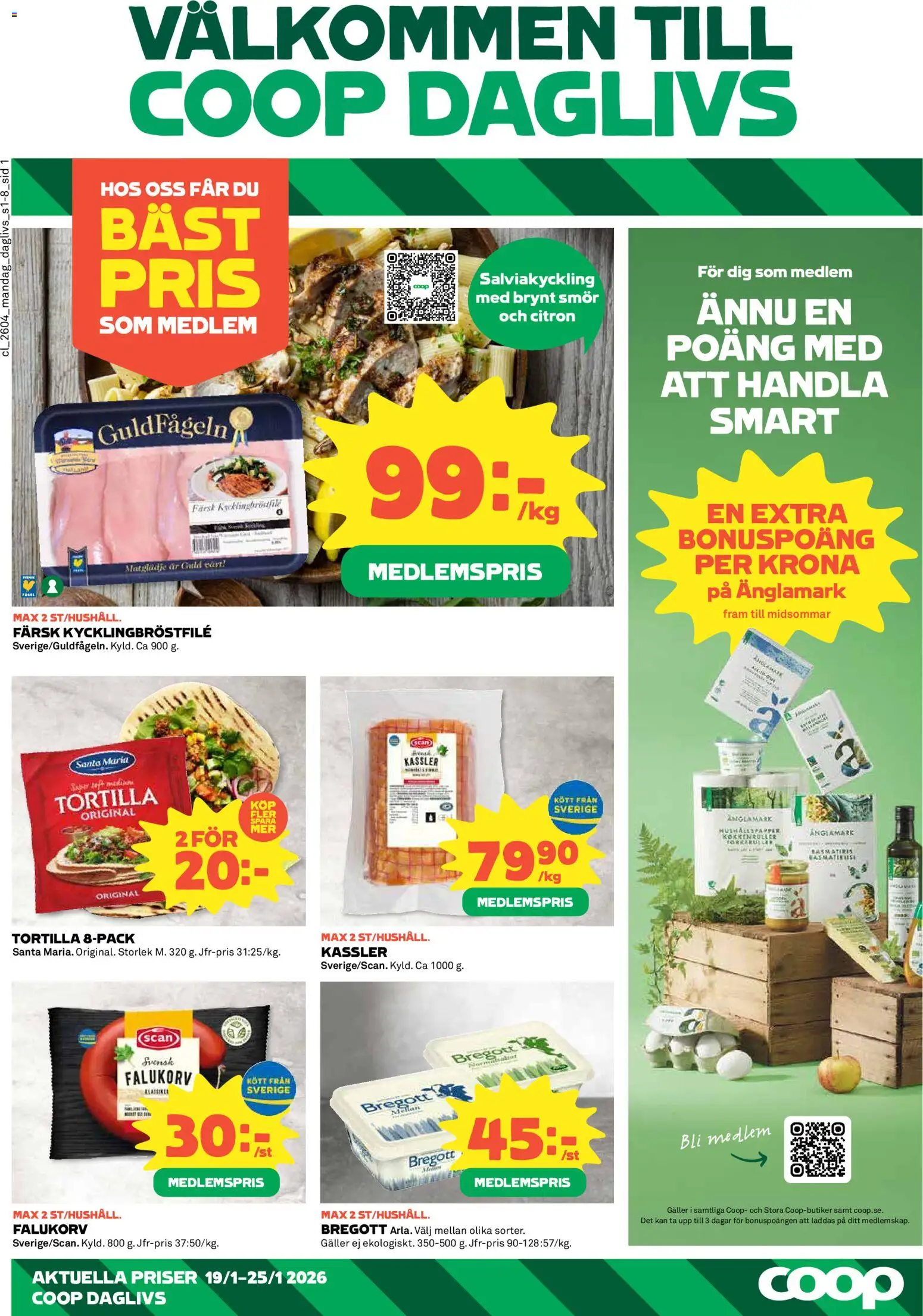 Coop Daglivs reklamblad aktuell från 19.01.2026 | Sida: 1 | Produkter: Kassler, Galler, Smör, Citron