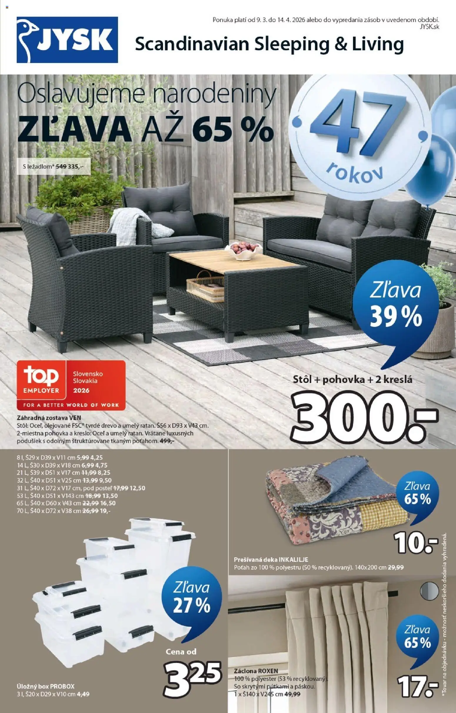Nové JYSK akcie – leták je platný od 09.03.2026 | Strana: 1 | Produkty: Kreslá, Posteľ, Pohovka, Stôl