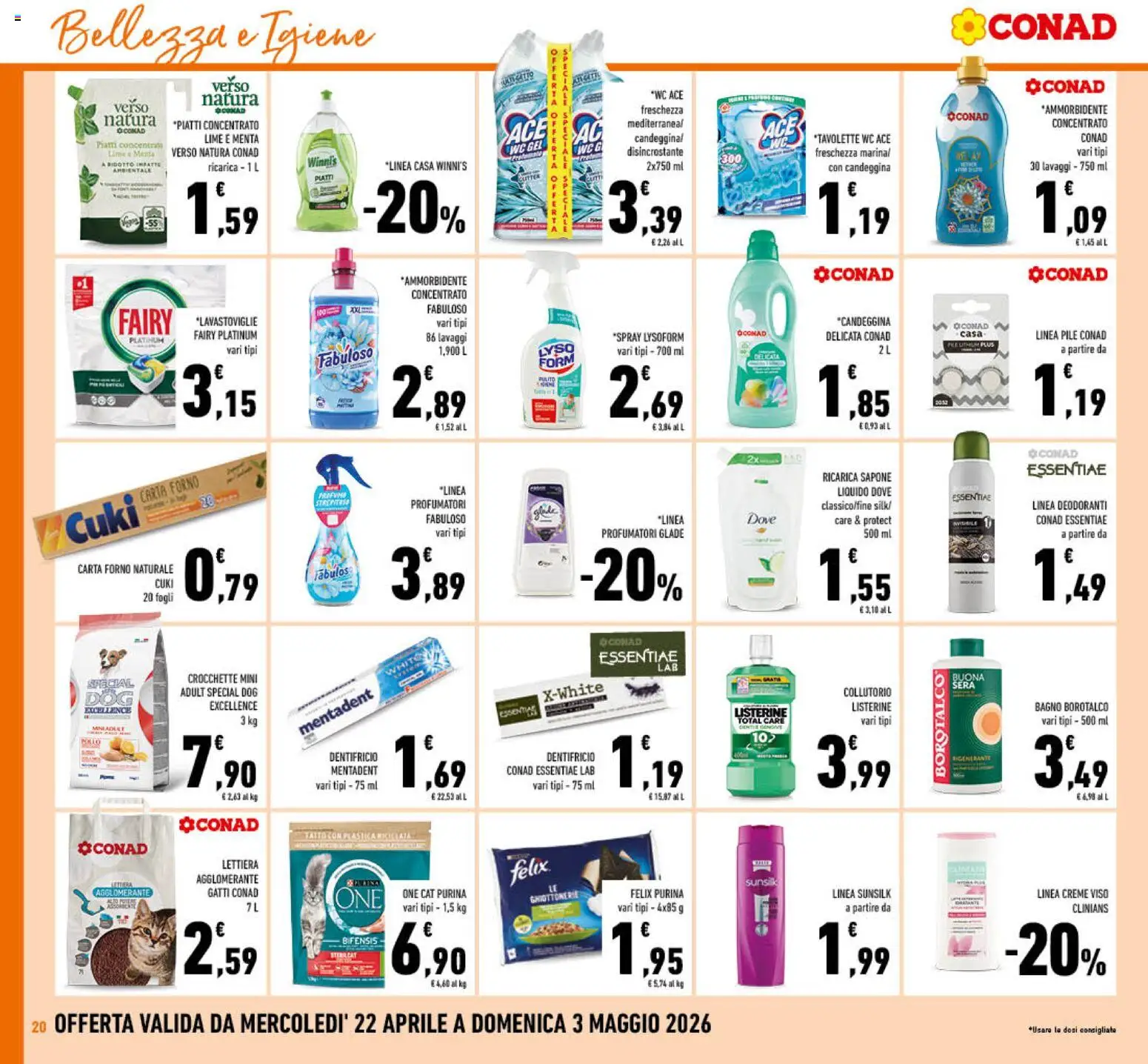 Volantino Conad del 22.04.2026 | Pagina: 20 | Prodotti: Dentifricio, Forno, Carta forno, Bagno