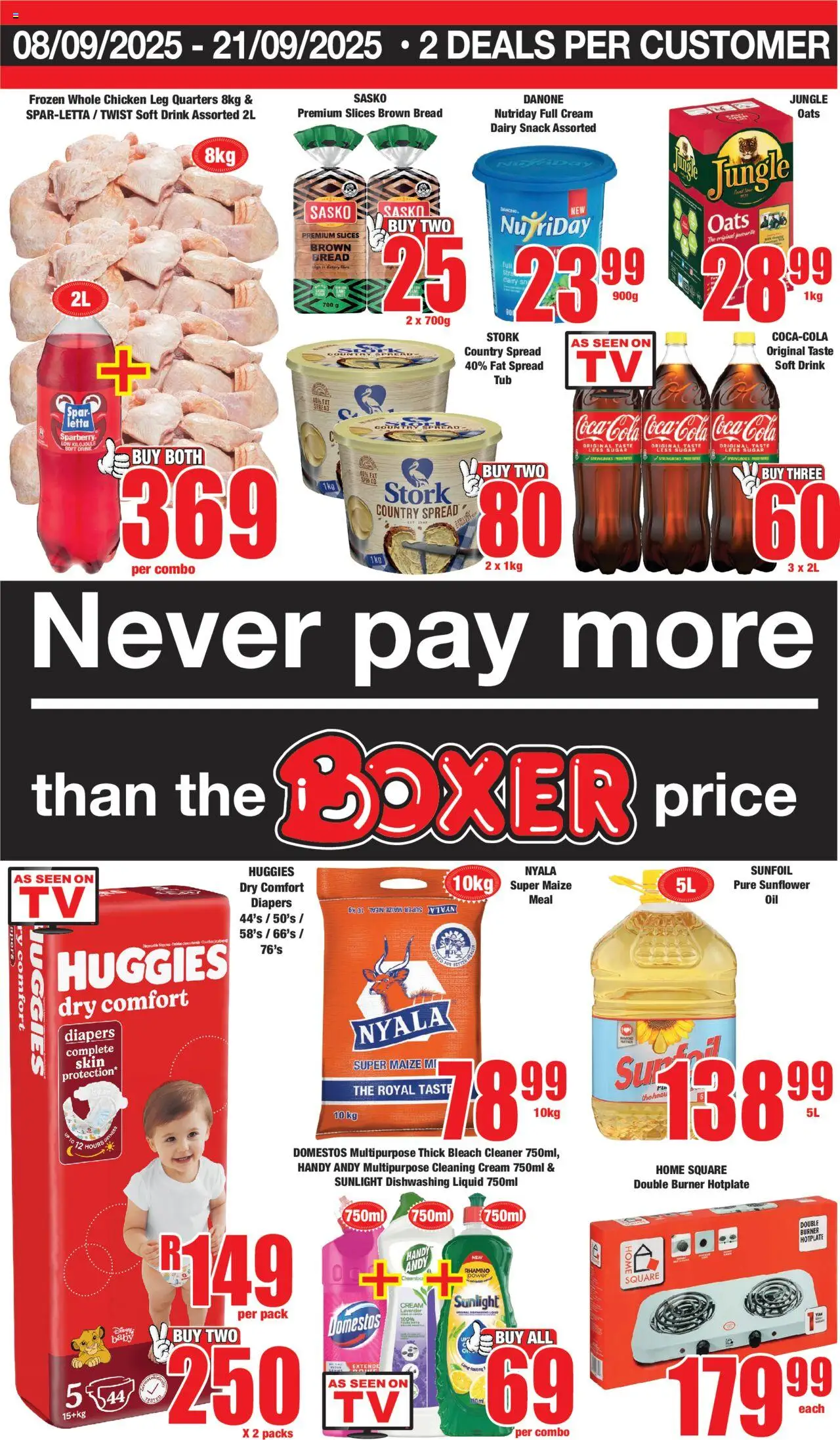 New Boxer catalogue – valid from 08.09.2025 | Page: 1 | Products: Maize meal, Bread, Chicken, Dishwashing liquid