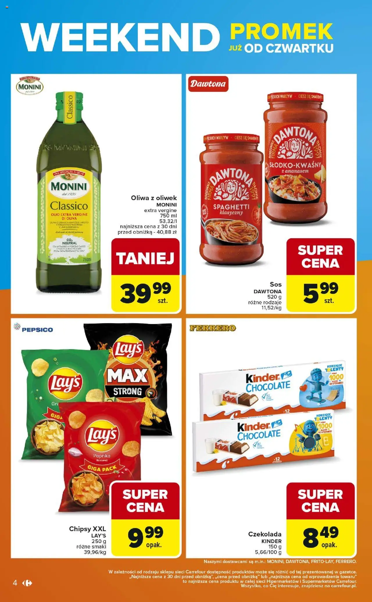 Carrefour Gazetka - Weekend promek już od czwartku od 11.09.2025 | Strona: 4 | Produkty: Chipsy, Oliwa z oliwek, Czekolada