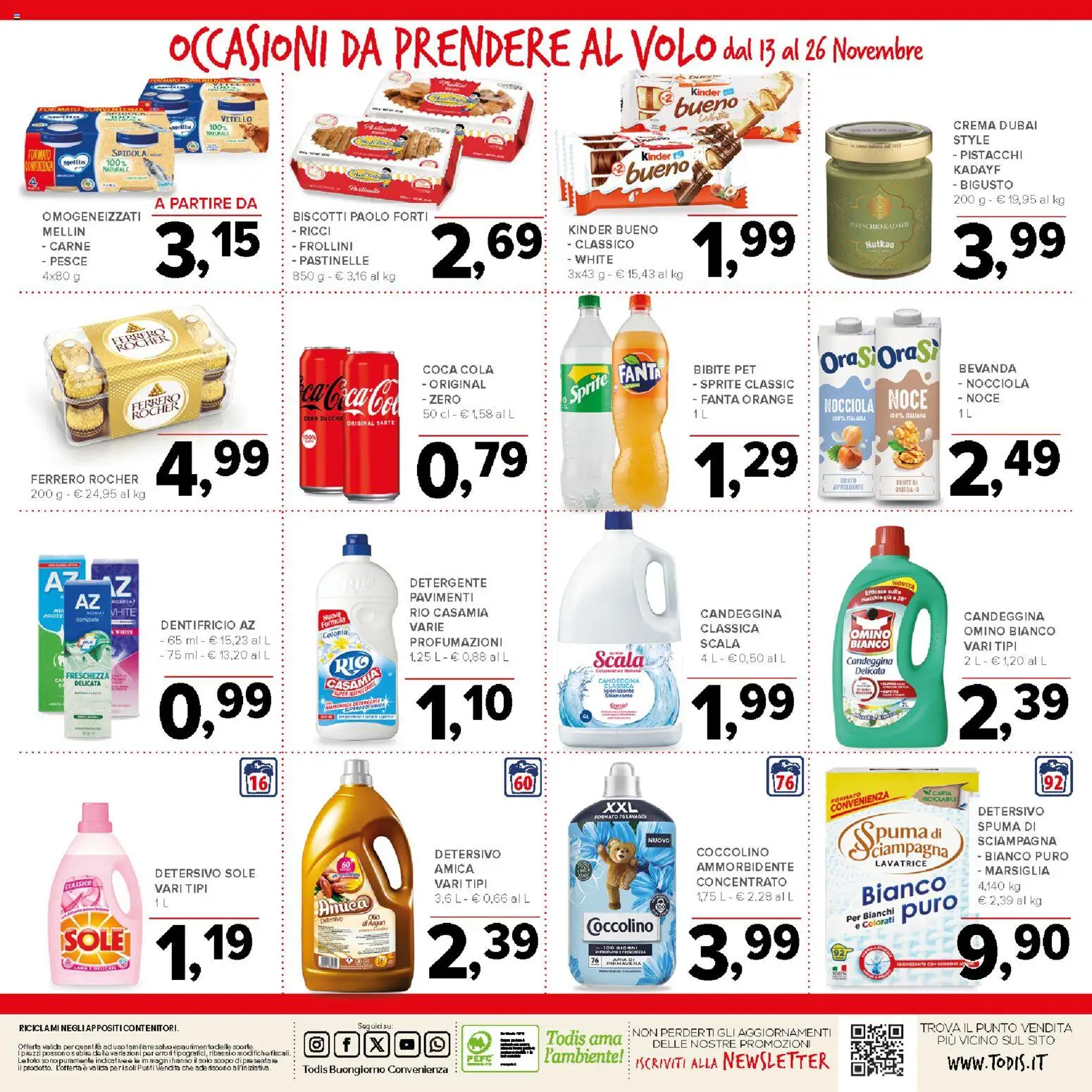 Volantino Todis del 13.11.2025 | Pagina: 20 | Prodotti: Pesce, Lavatrice, Bibite, Fanta