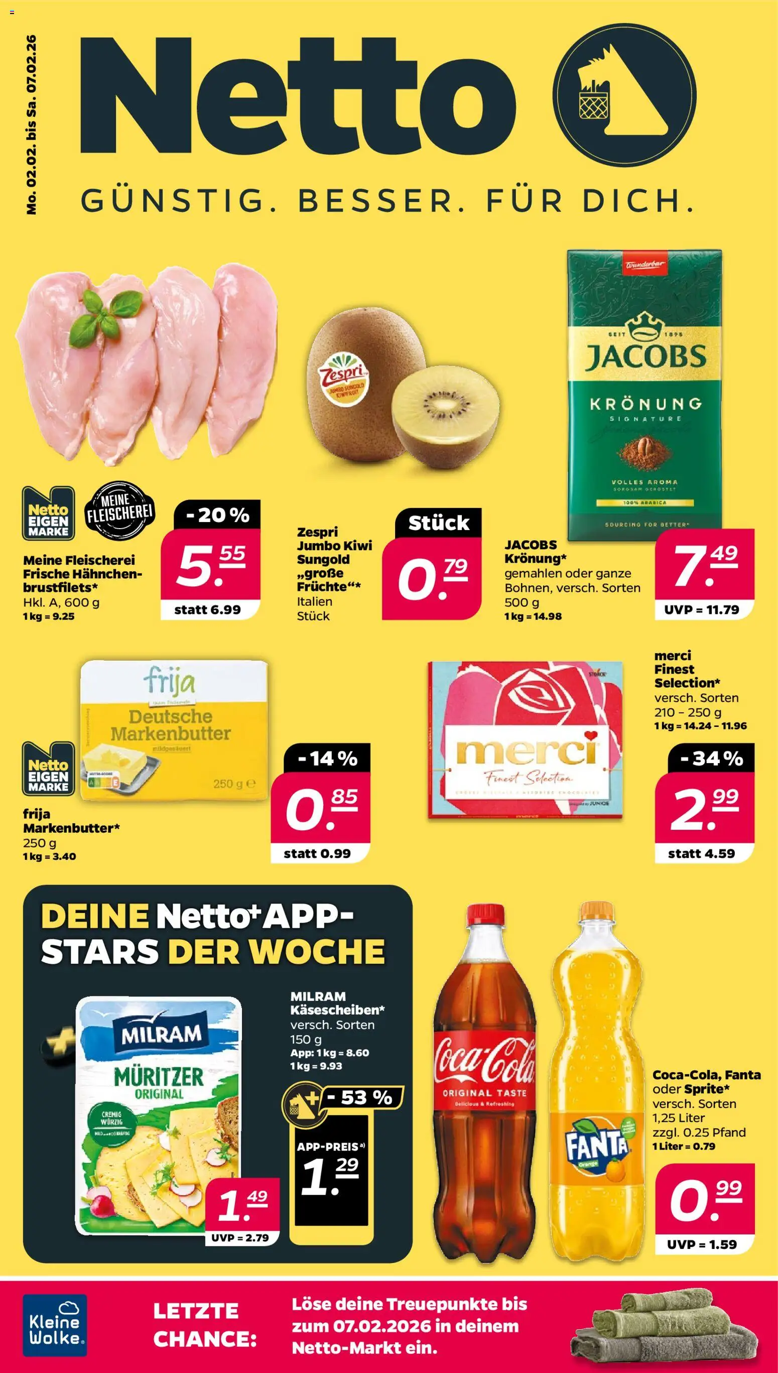 Netto Prospekt 	 – gültig ab 02.02.2026 | Seite: 1 | Produkte: Merci, Hahnchen, Milram, Kiwi
