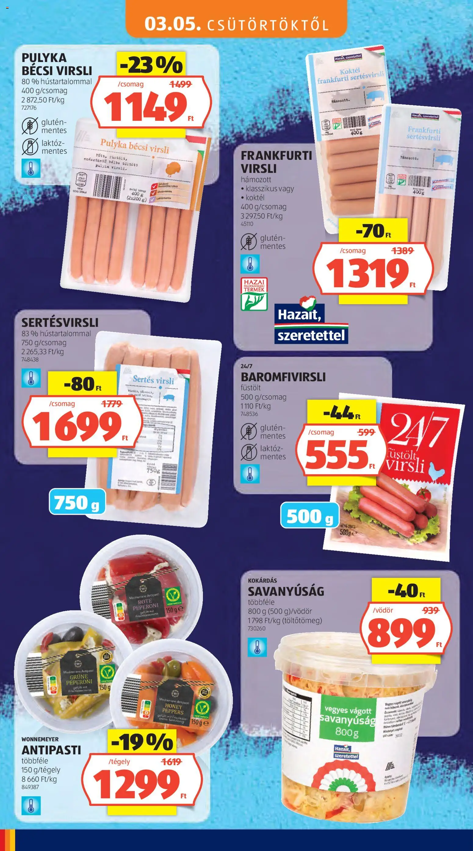 Aldi akciós ujság - amely érvényes a következő dátumtól: 05.03.2026 | Oldal: 8 | Termékek: Virsli, Frankfurti virsli, Antipasti