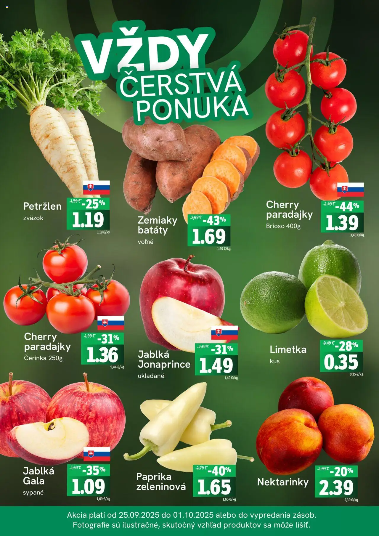Nové Fresh akcie – leták je platný od 25.09.2025 | Strana: 3 | Produkty: Jablká, Paradajky, Batáty, Petržlen
