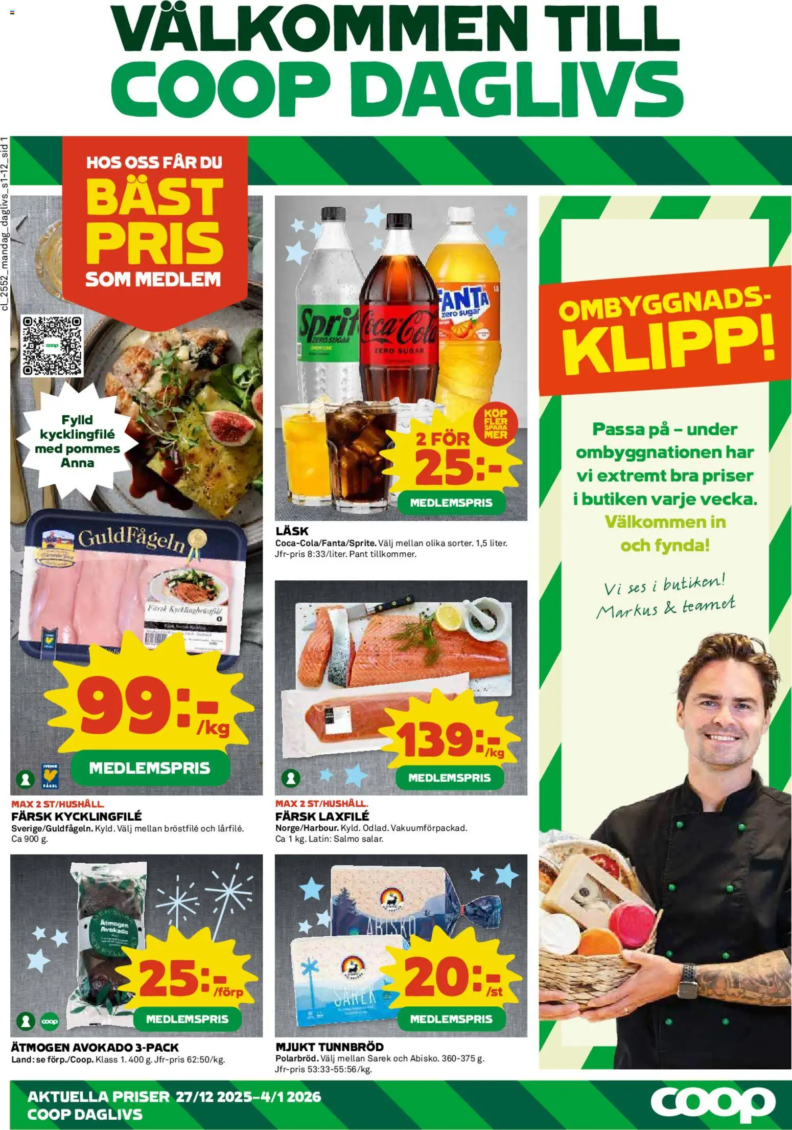 Coop Daglivs reklamblad aktuell från 29.12.2025 | Sida: 1 | Produkter: Tunnbröd, Kycklingfile, Fanta