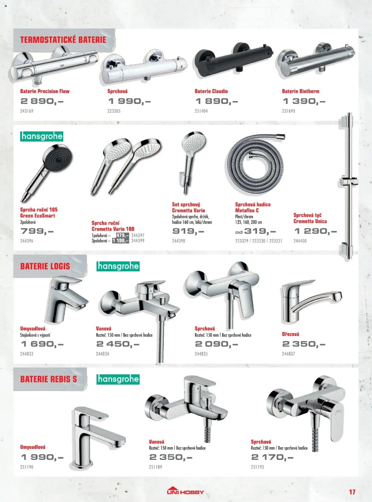 Uni Hobby katalog - Dlažby, obklady a sanita 2026 od 20.02.2026 | Strana: 17 | Produkty: Sprchová hadice, Sprcha, Hadice, Baterie