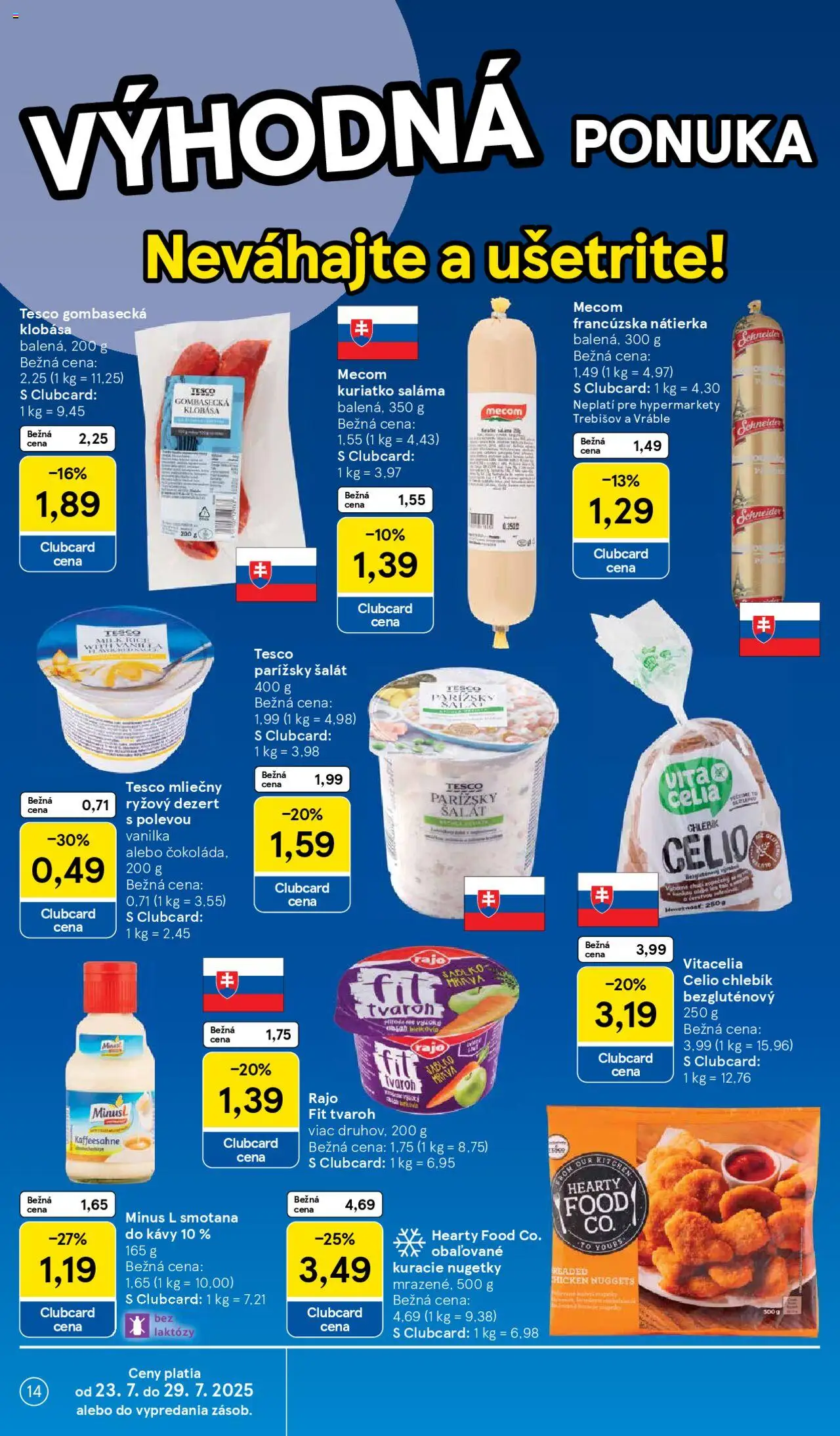 Tesco Hypermarket - leták │ platný od 23.07.2025 | Strana: 14 | Produkty: Saláma, Klobása, Tvaroh, Šalát