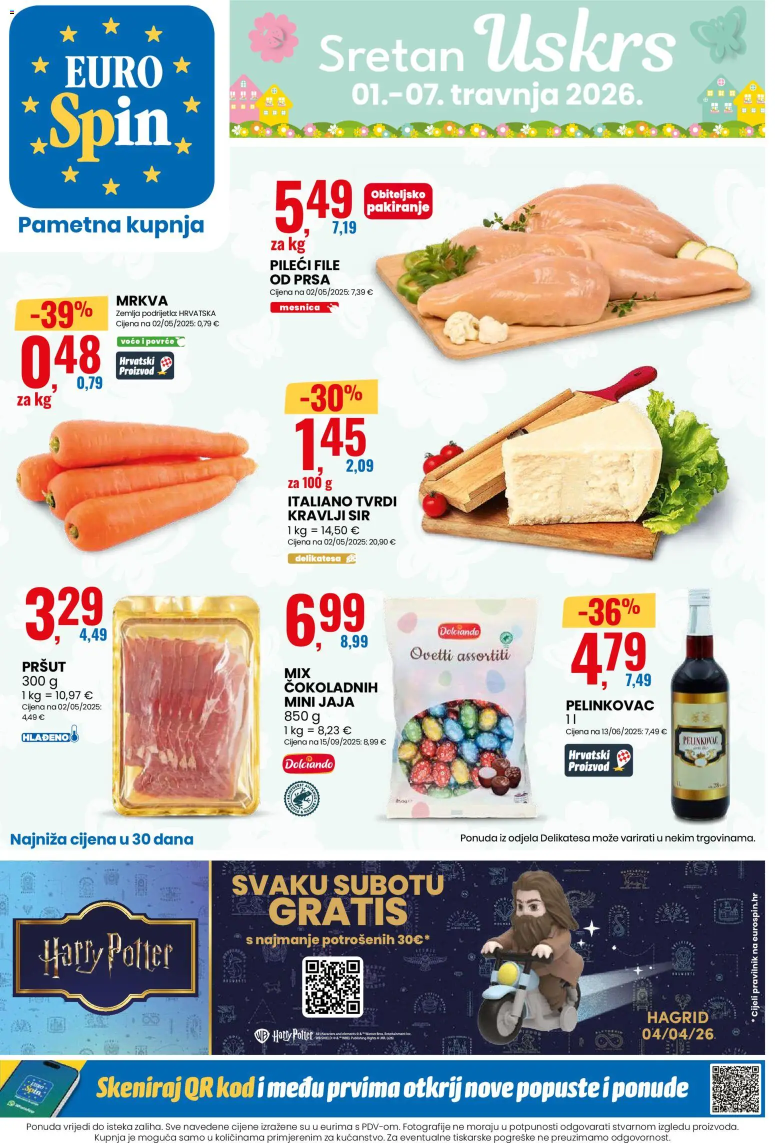 Eurospin katalog | vrijedi od 01.04.2026 | Stranica: 1 | Proizvodi: Sir, Pileći file, Pršut, Voće