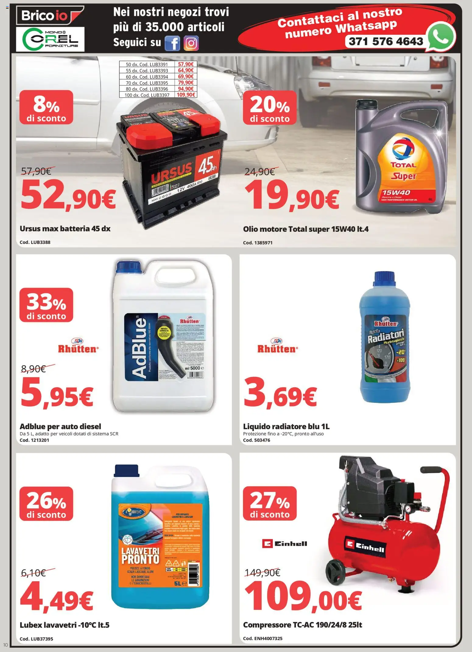 Volantino Brico io del 07.02.2026 | Pagina: 10 | Prodotti: Olio motore, Compressore, Olio, Batteria