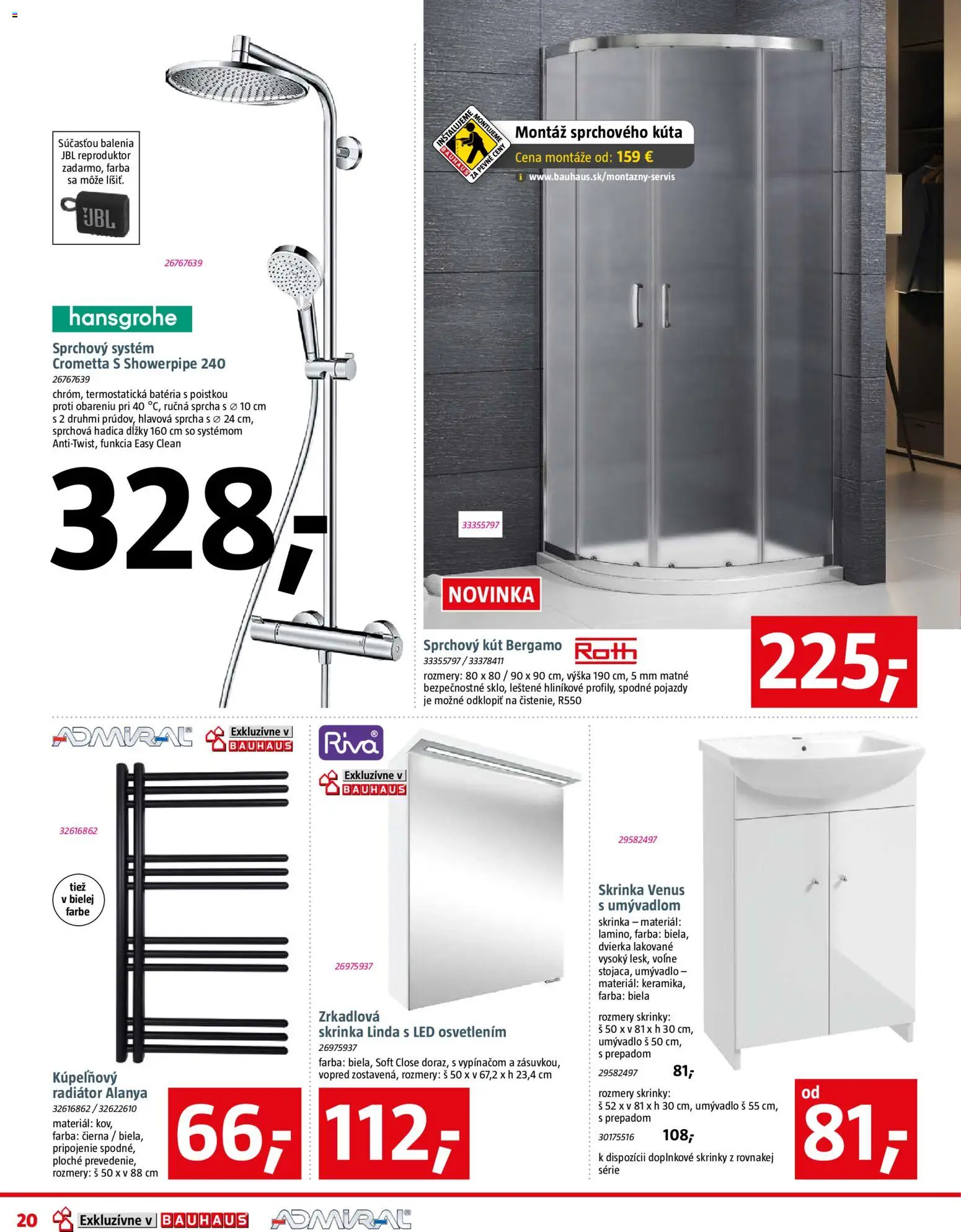 Nové Bauhaus akcie – leták je platný od 12.01.2026 | Strana: 20 | Produkty: Sprchový kút, Skrinka, Batéria, Sprcha