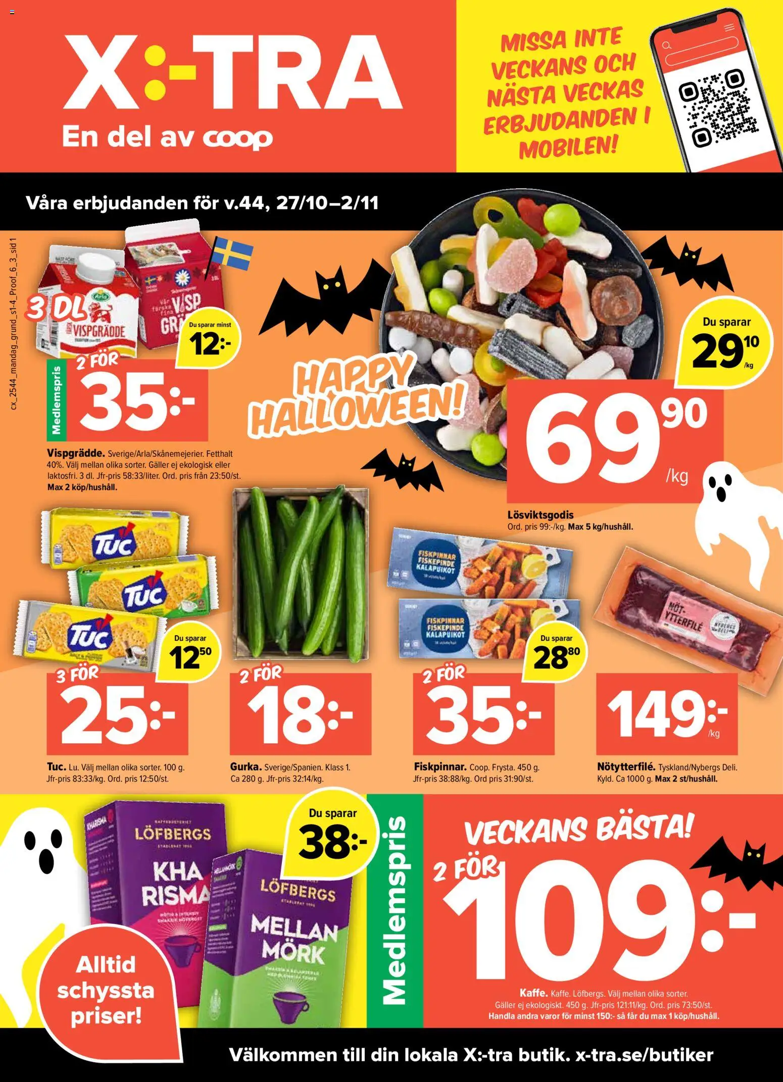 Coop X:-TRA reklamblad aktuell från 27.10.2025 | Sida: 1 | Produkter: Galler, Vispgrädde