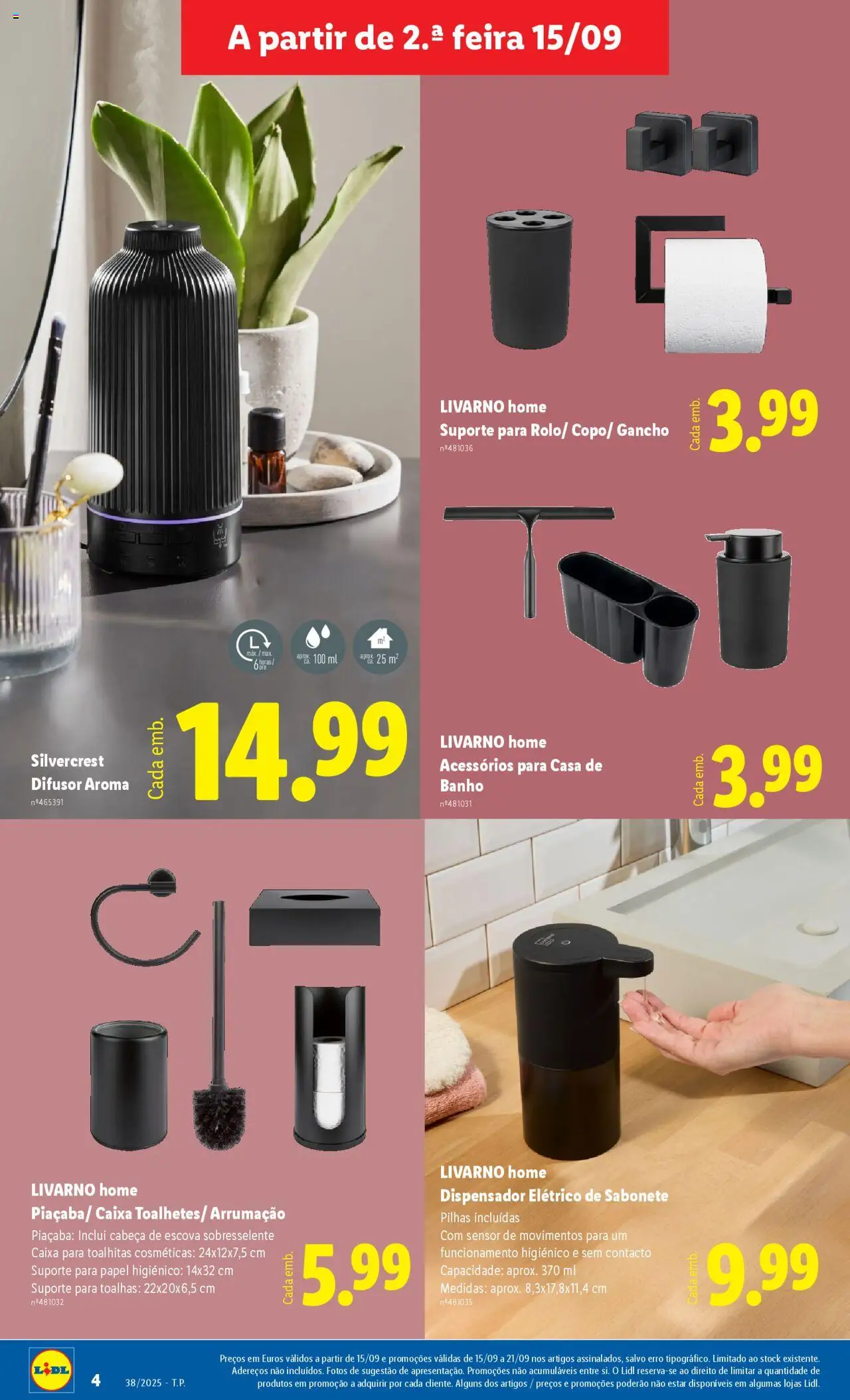 Lidl Novidades │ válido de 15.09.2025 | Página: 4 | Produtos: Papel higiénico, Pilhas, Banho, Difusor