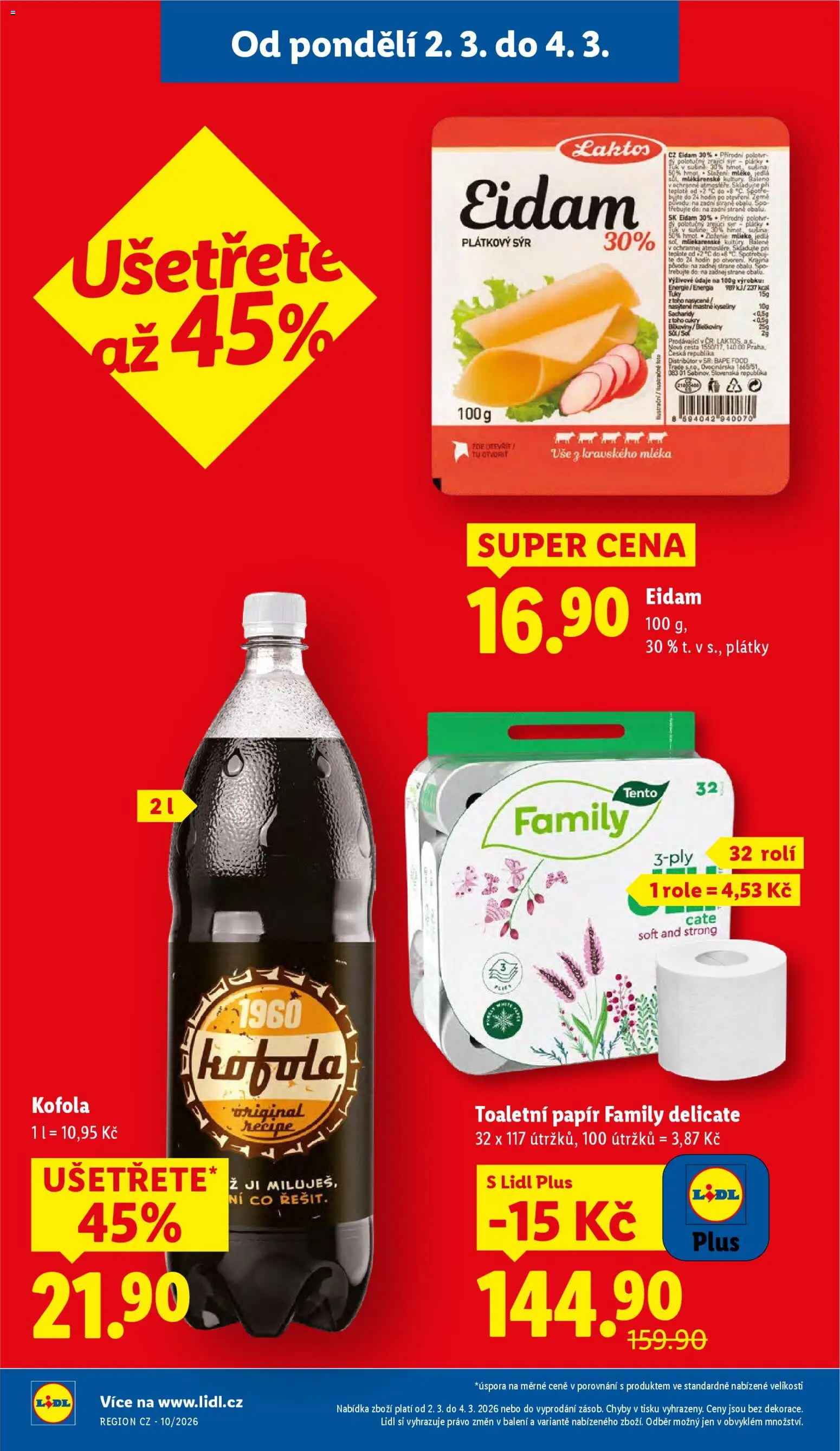 Lidl leták od 02.03.2026 | Strana: 2 | Produkty: Toaletní papír, Eidam, Kofola, Cola