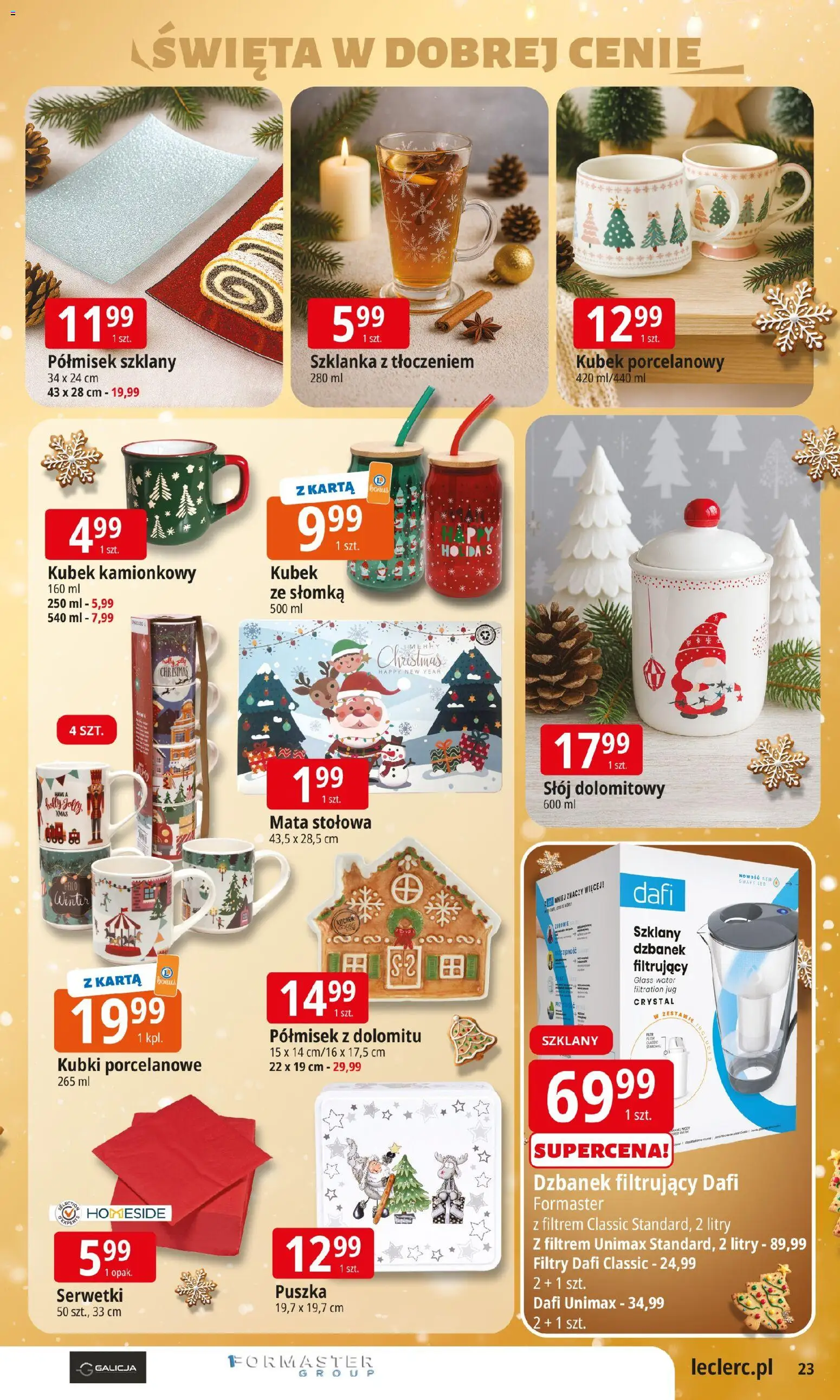 E.Leclerc Gazetka - Radom od 09.12.2025 | Strona: 23 | Produkty: Szklanka, Karta, Dzbanek, Dzbanek filtrujący dafi
