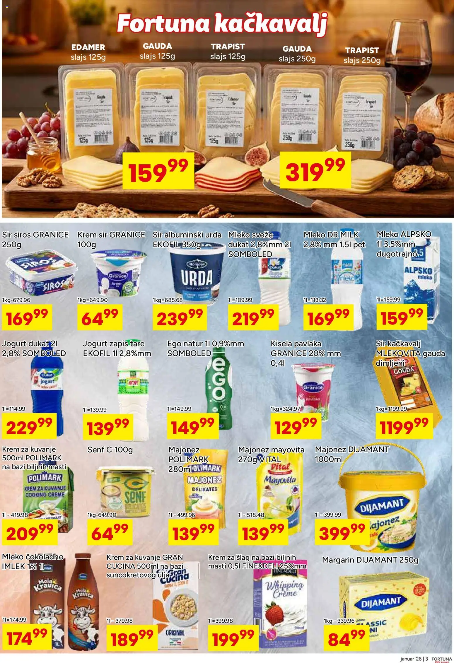 Fortuna Market katalog - važi od 14.01.2026 | Strana: 3 | Proizvode: Kisela pavlaka, Edamer, Margarin, Jogurt