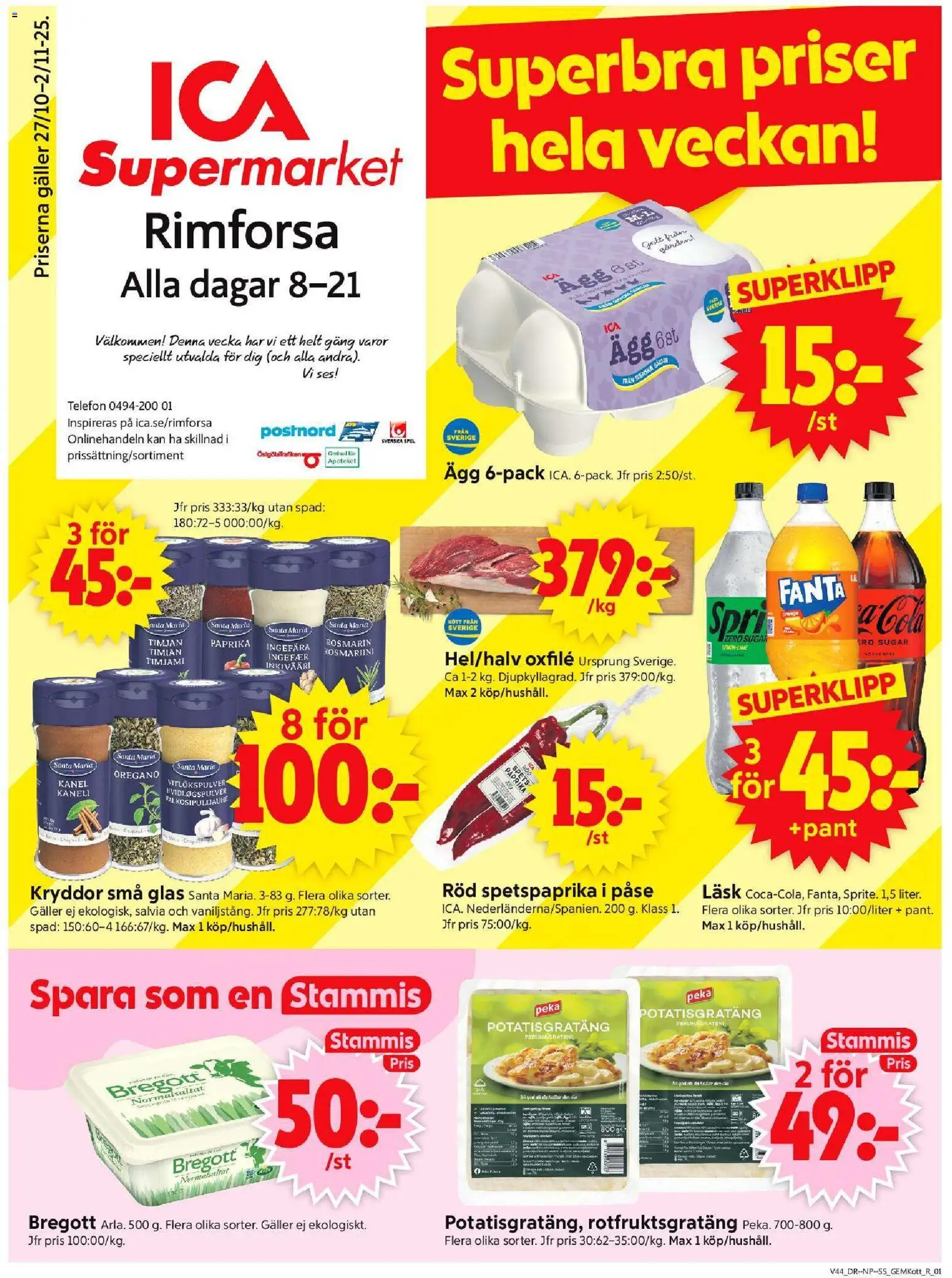 ICA Supermarket reklamblad aktuell från 27.10.2025 | Sida: 1 | Produkter: Timjan, Bregott, Oregano, Oxfilé