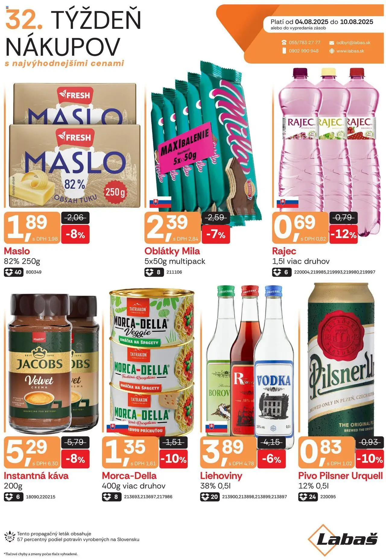 Labaš leták │ platný od 04.08.2025 | Strana: 1 | Produkty: Maslo, Pilsner Urquell, Káva, Rajec