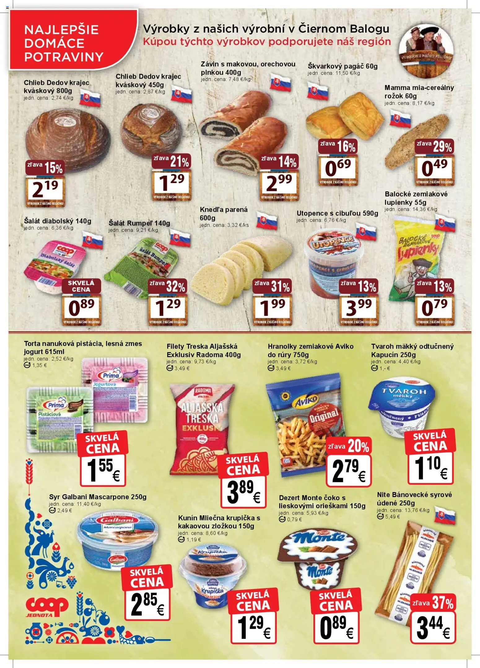 Nové COOP Jednota akcie – leták je platný od 01.04.2026 | Strana: 2 | Produkty: Syr, Chlieb, Tvaroh, Šalát