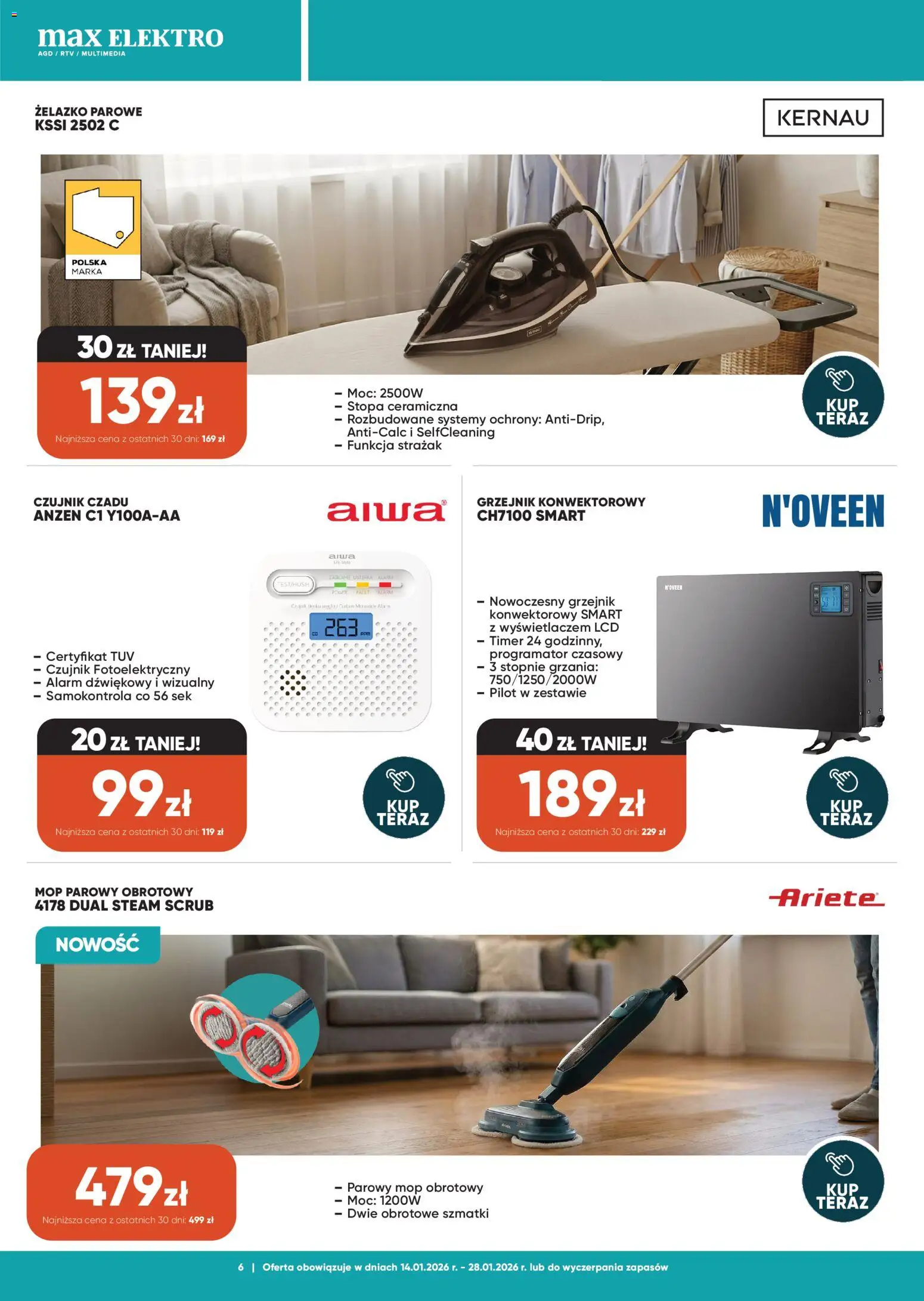 Max elektro Gazetka od 14.01.2026 | Strona: 6 | Produkty: Mop parowy, Mop obrotowy