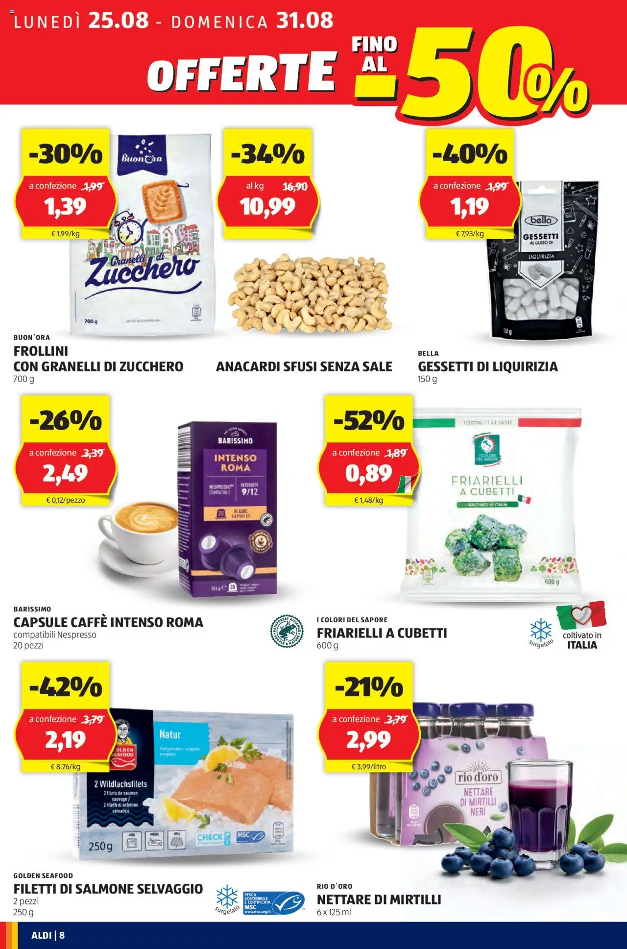 Volantino Aldi del 25.08.2025 | Pagina: 8 | Prodotti: Salmone, Sale, Pesca, Anacardi