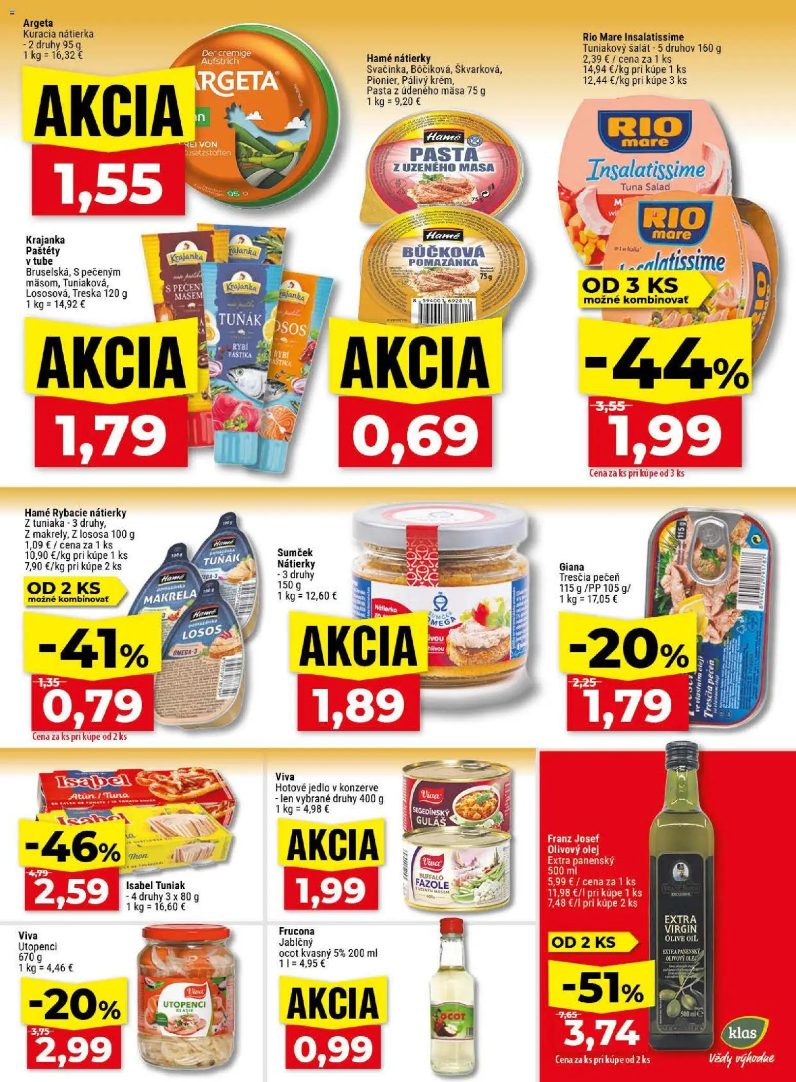 Nové Klas akcie – leták je platný od 13.04.2026 | Strana: 16 | Produkty: Olej, Olivový olej, Šalát, Ocot