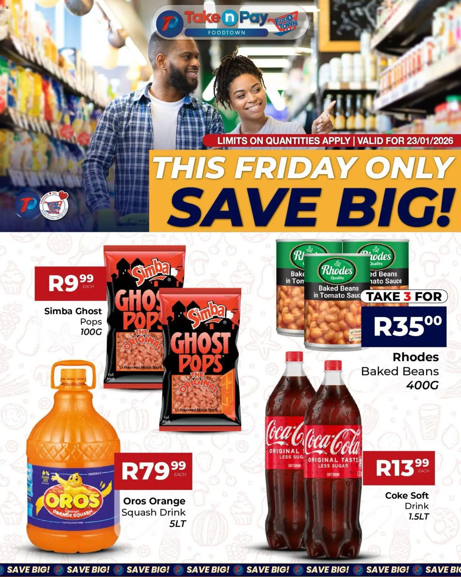 New Take n Pay catalogue – valid from 23.01.2026 | Page: 3 | Products: Baked beans, Squash, Coke, Sugar