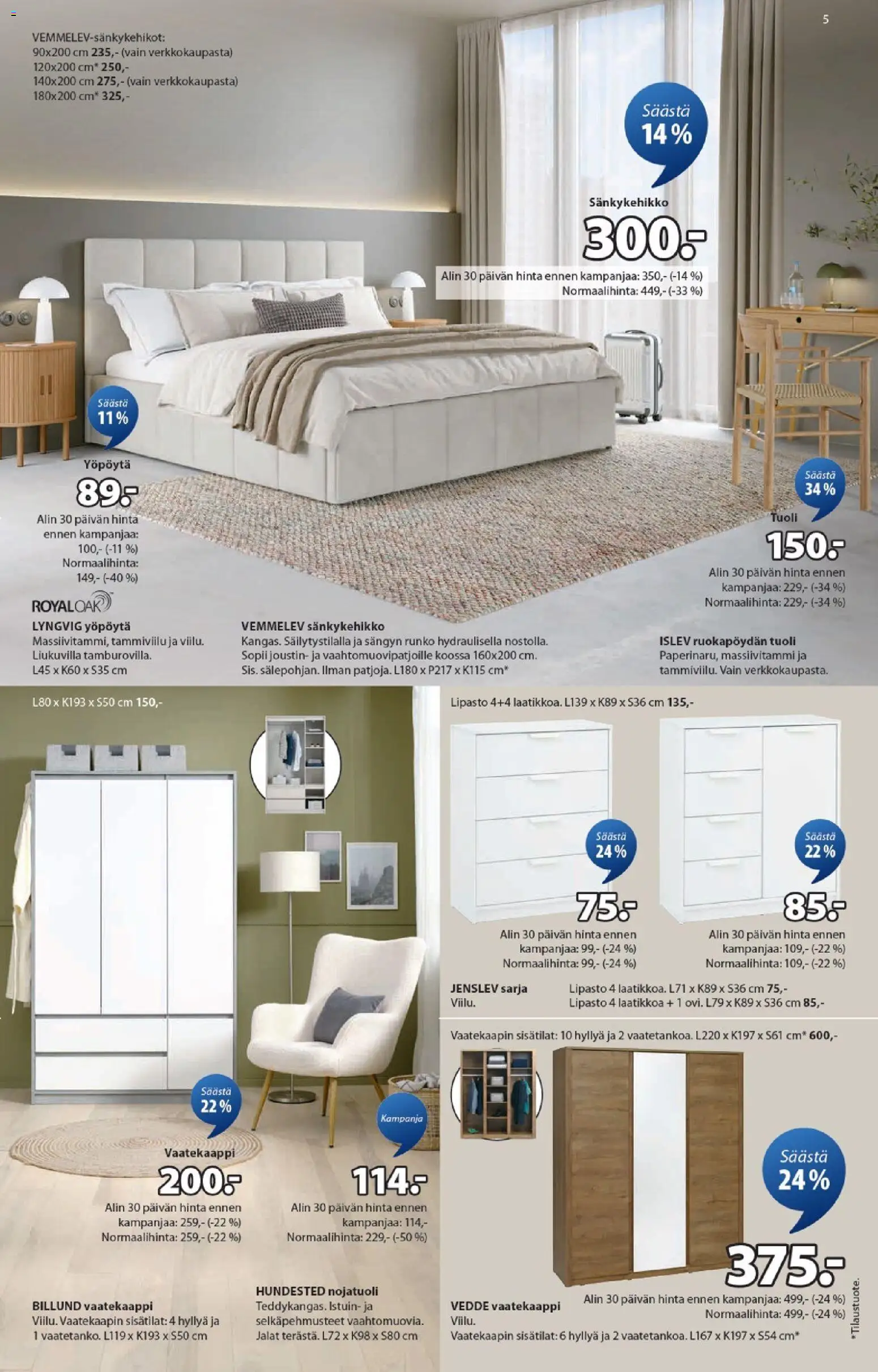 JYSK tarjoukset – voimassa 05.02.2026 alkaen | Sivu: 5 | Tuotteet: Vaatekaappi, Lipasto, Yöpöytä, Tuoli