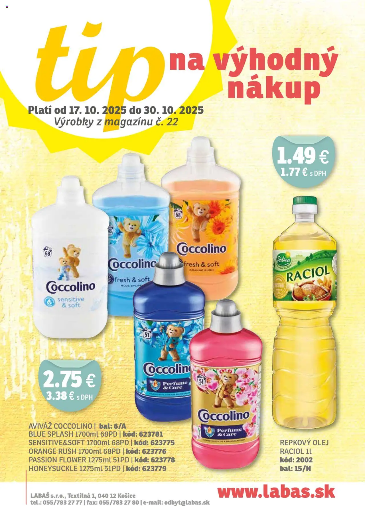 Nové Labaš akcie – leták je platný od 17.10.2025 | Strana: 15 | Produkty: Olej, Repkový olej, Aviváž, Coccolino