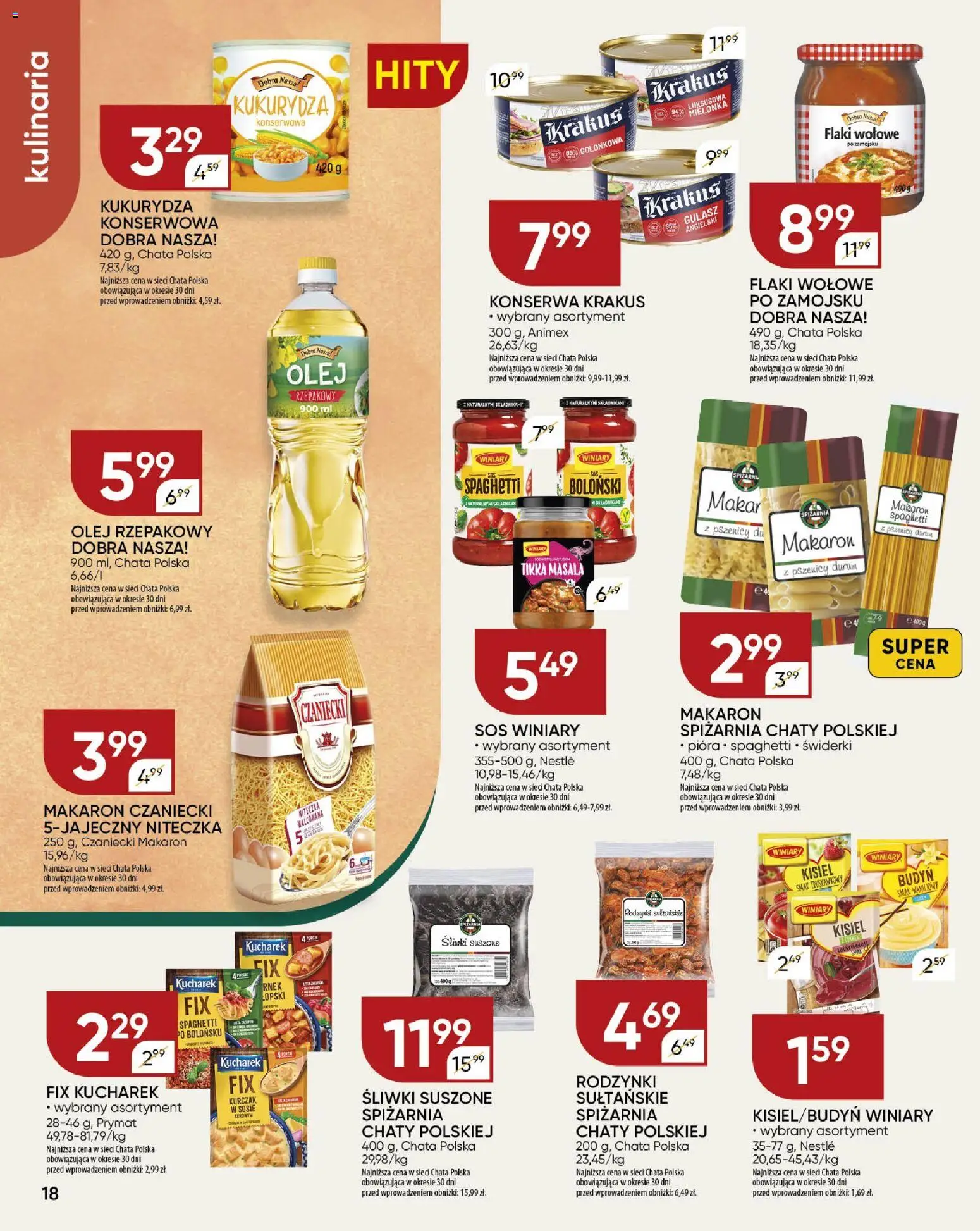 Chata Polska Gazetka od 23.10.2025 | Strona: 18 | Produkty: Makaron, Gulasz, Rodzynki, Sos