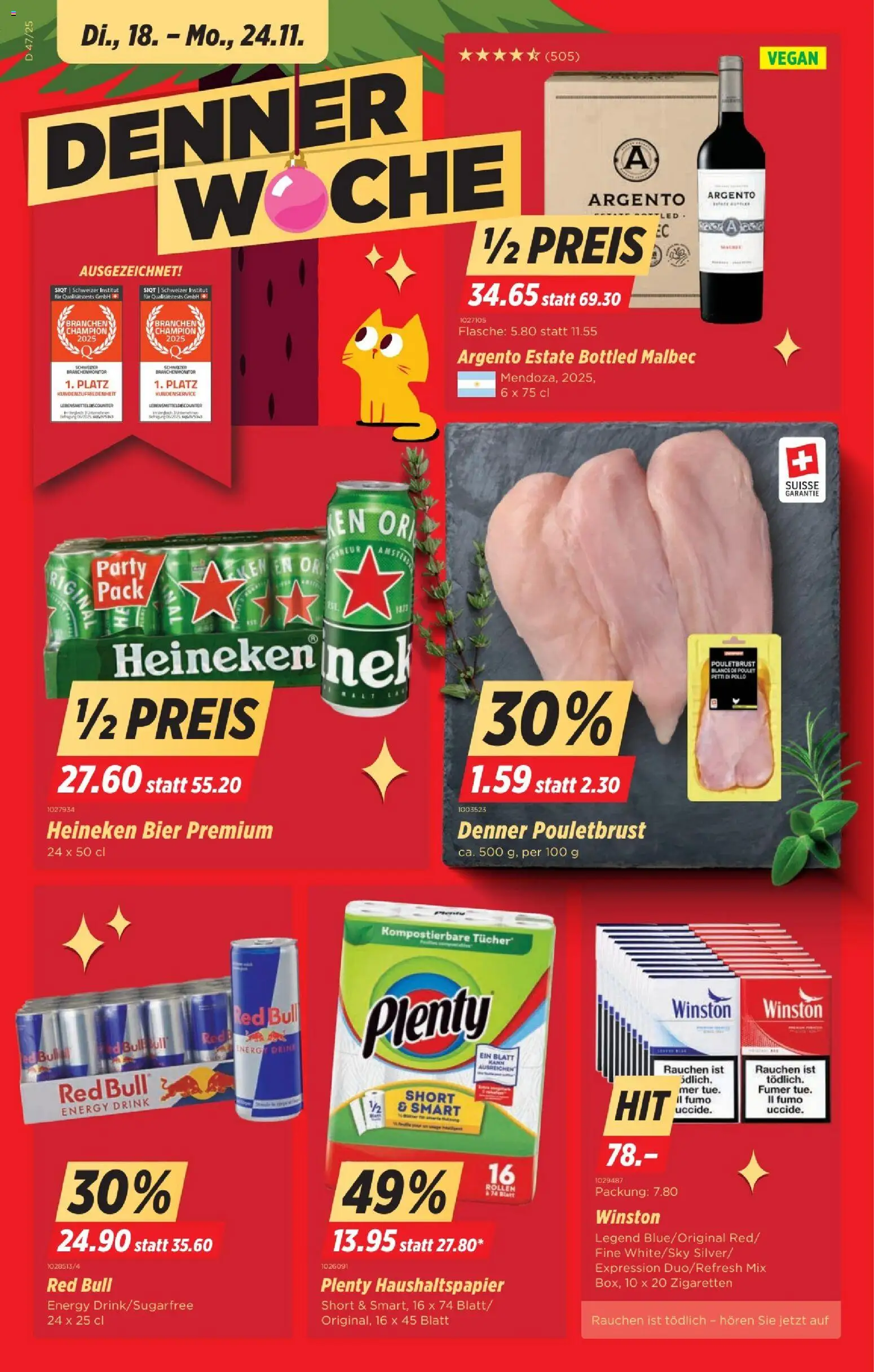 Denner Aktionen – gültig ab 18.11.2025 | Seite: 1 | Produkte: Red bull, Pouletbrust, Bier