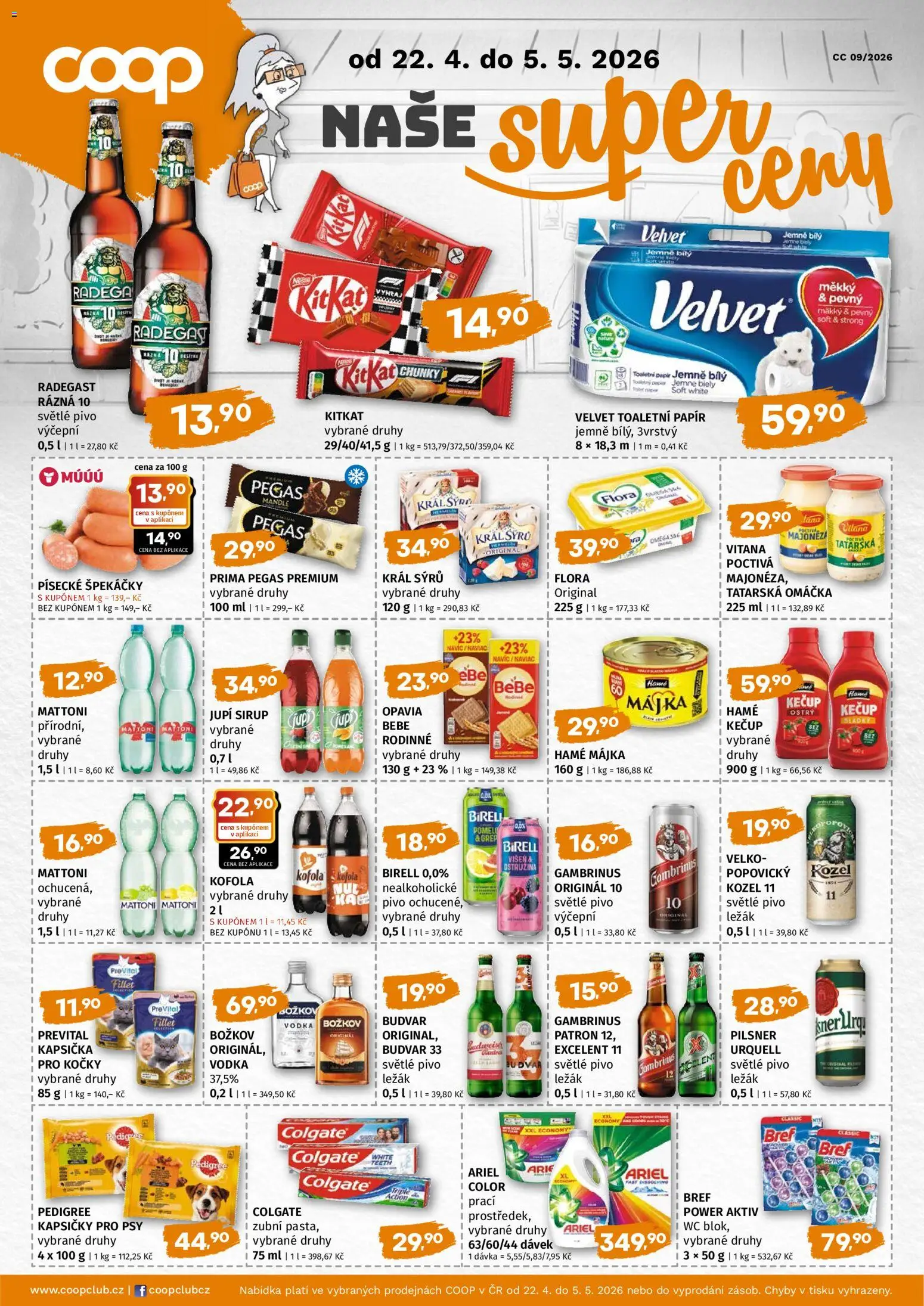 Terno leták - COOP naše super ceny od 22.04.2026 | Strana: 1 | Produkty: Mattoni, Špekáčky, Kozel, Radegast