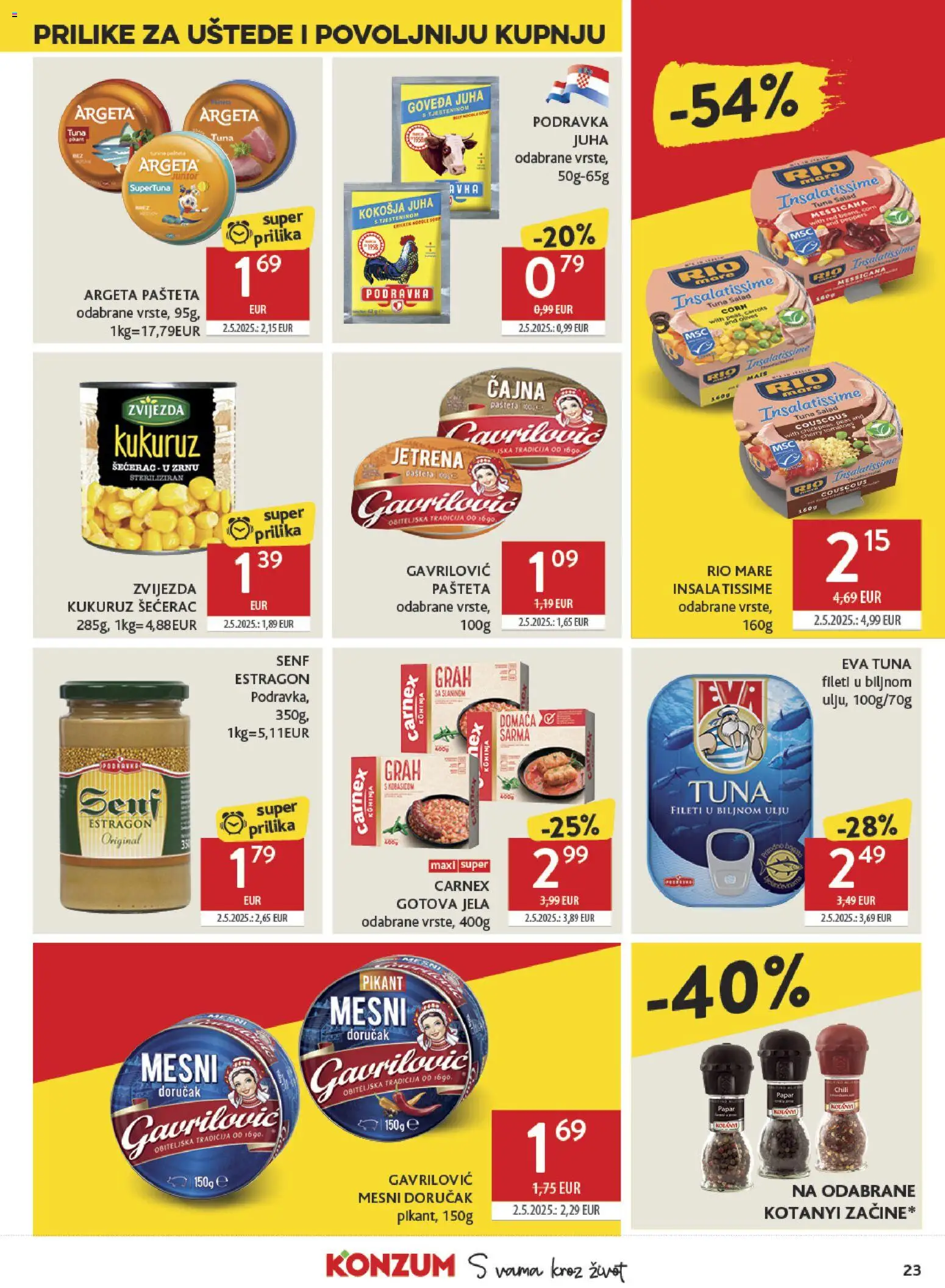 Konzum katalog | vrijedi od 21.01.2026 | Stranica: 23 | Proizvodi: Rio Mare, Kukuruz, Pašteta, Senf