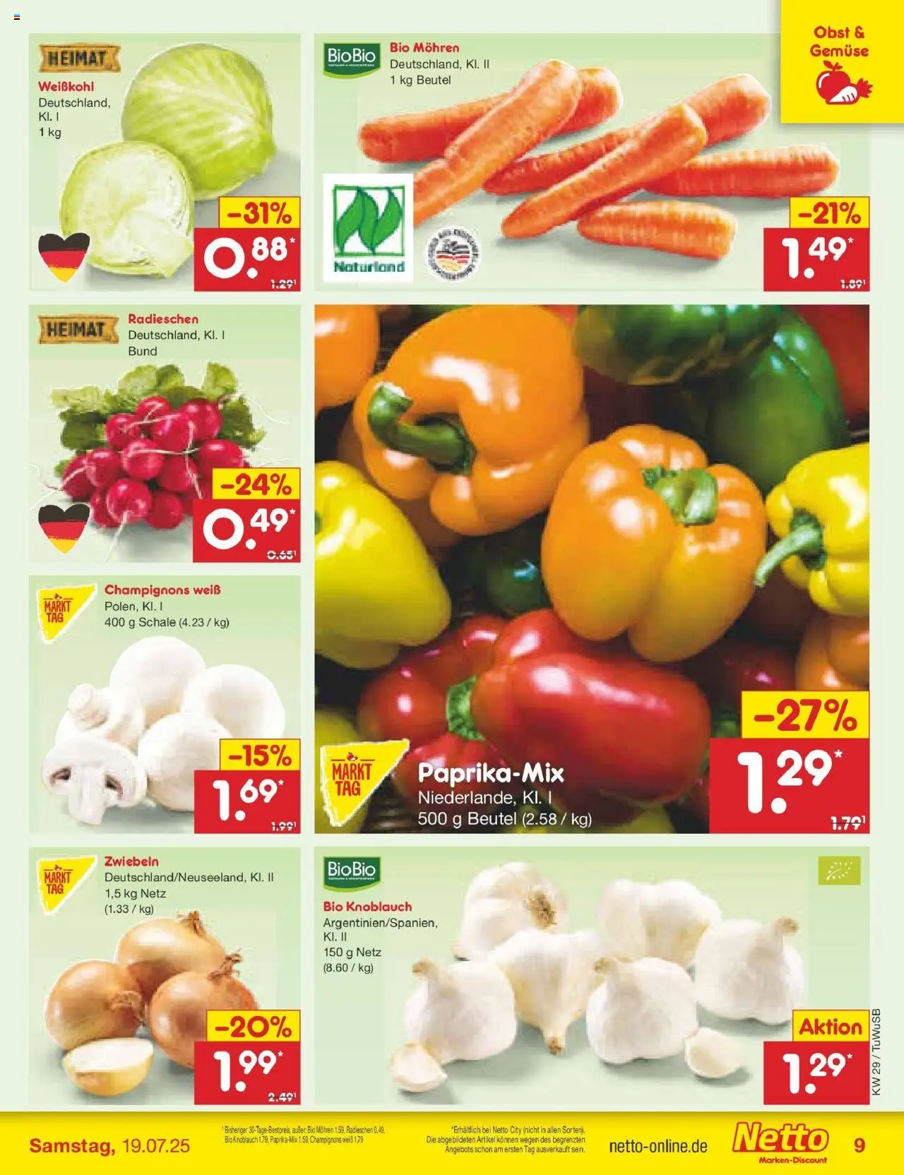Netto Marken-Discount prospekt Calw-Stammheim	 - gültig ab dem 13.07.2025 | Seite: 11 | Produkte: Champignons, Zwiebeln, Gemüse, Knoblauch