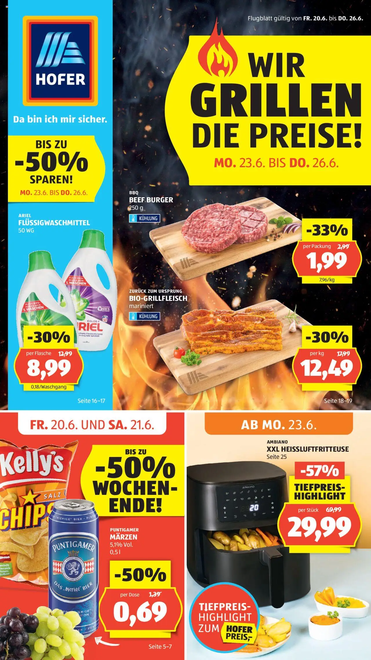 Hofer AT akciós ujság - amely érvényes a következő dátumtól: 20.06.2025 | Oldal: 1 | Termékek: Ariel, Chips, Grill