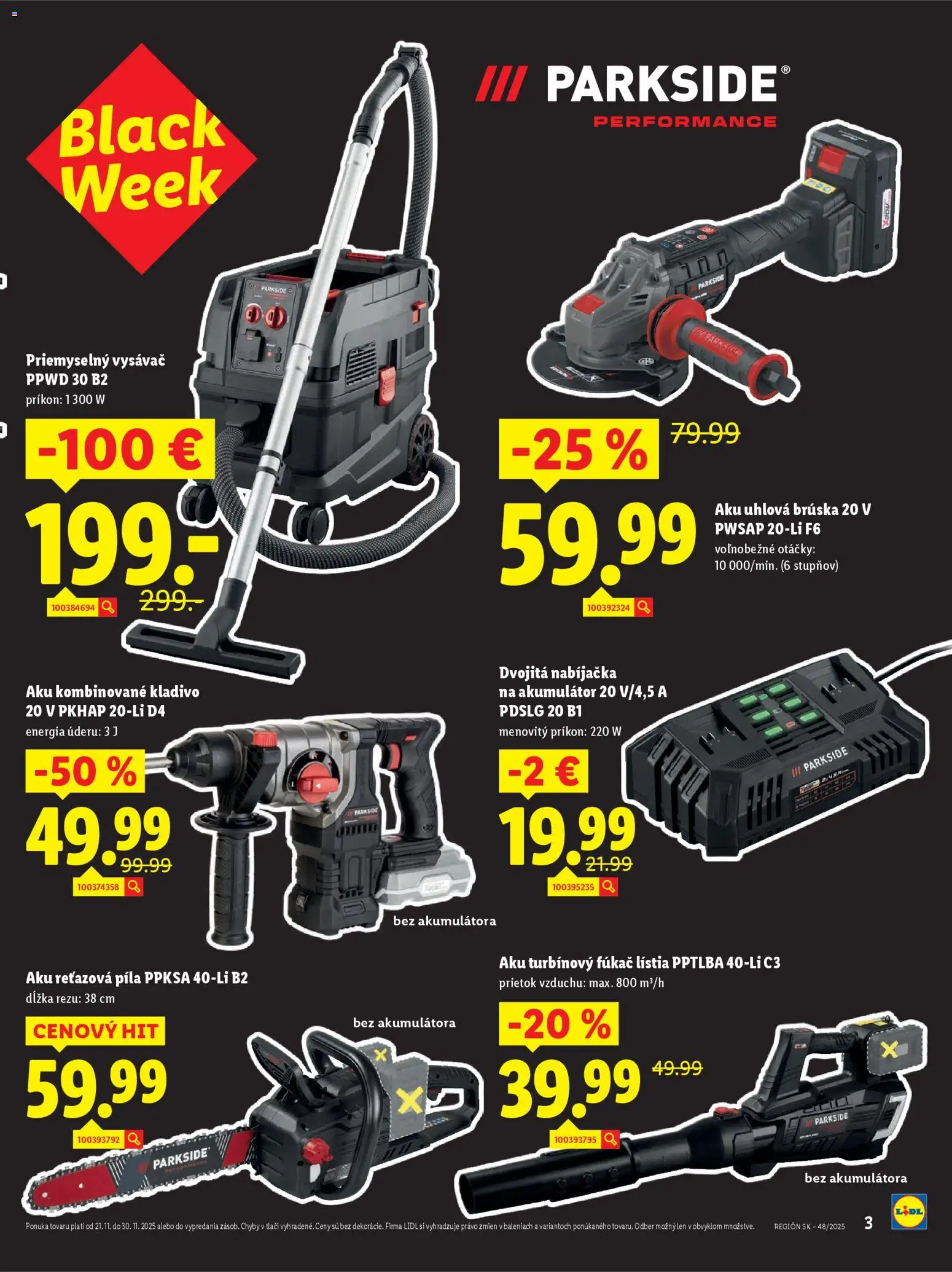 Nové Lidl akcie – leták je platný od 21.11.2025 | Strana: 3 | Produkty: Aku reťazová píla, Priemyselný vysávač, Reťazová píla, Píla