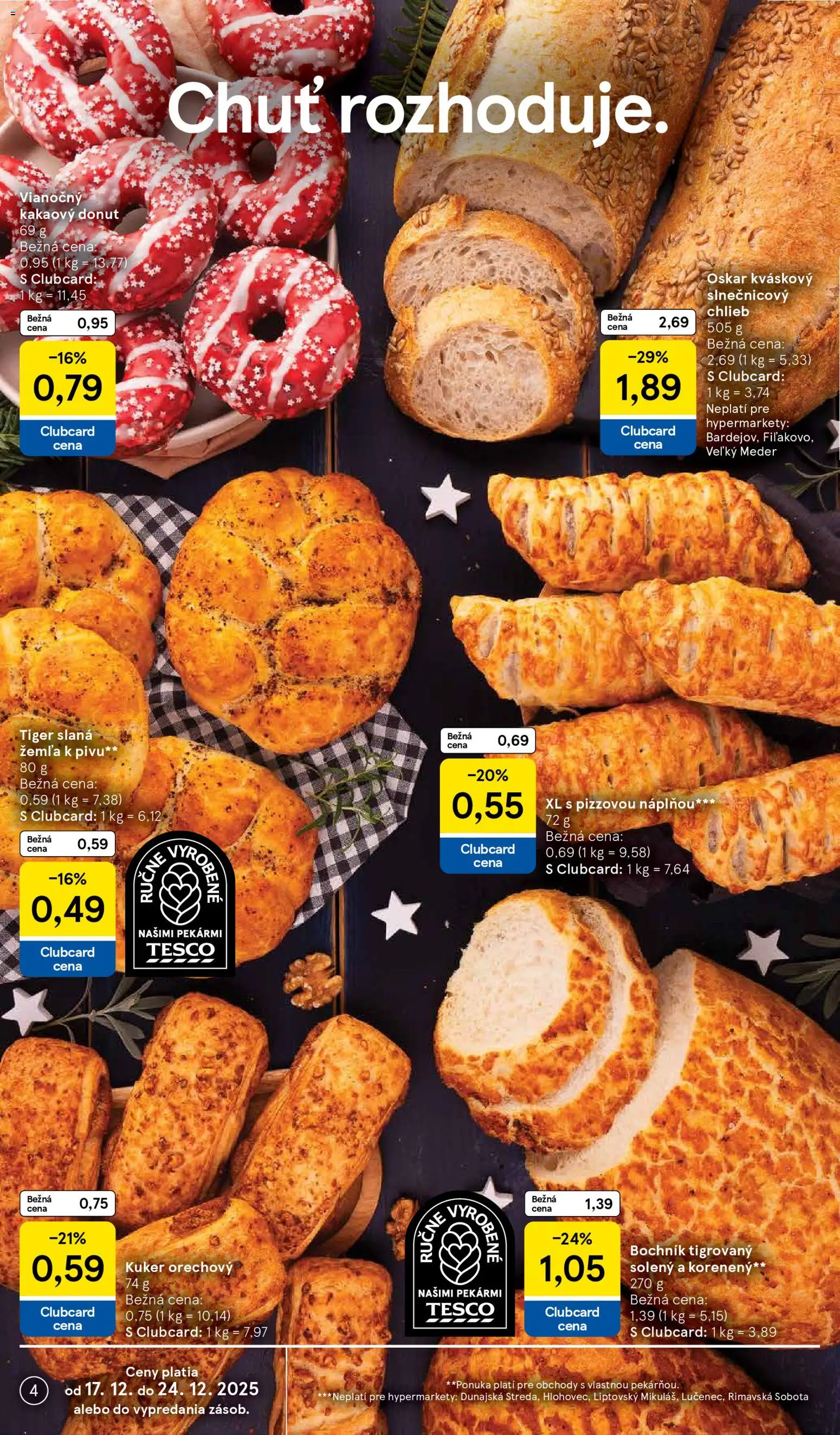 Nové Tesco akcie – leták je platný od 17.12.2025 | Strana: 4 | Produkty: Chlieb, Pizza, Donut