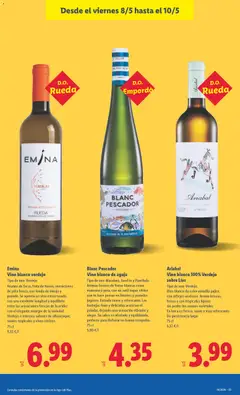 Vista previa Emina Vino blanco verdejo, Tipo de uva: Verdejo Aromas de fresa, fruta de hueso, sensaciones de piña fresca, con fondo de hinojo y pomelo. Se aprecia un vino estructurado, con una excelente longitud y equilibrio entre las sensaciones frescas de la acidez con el elegante amargor de la variedad Verdejo, e intensos sabores de albaricoque, suaves tropicales y vivos cítricos. 75 cl válido desde el 04.05.2026 | Página: 43 | Productos: Vino, Piña, Manzana, Té