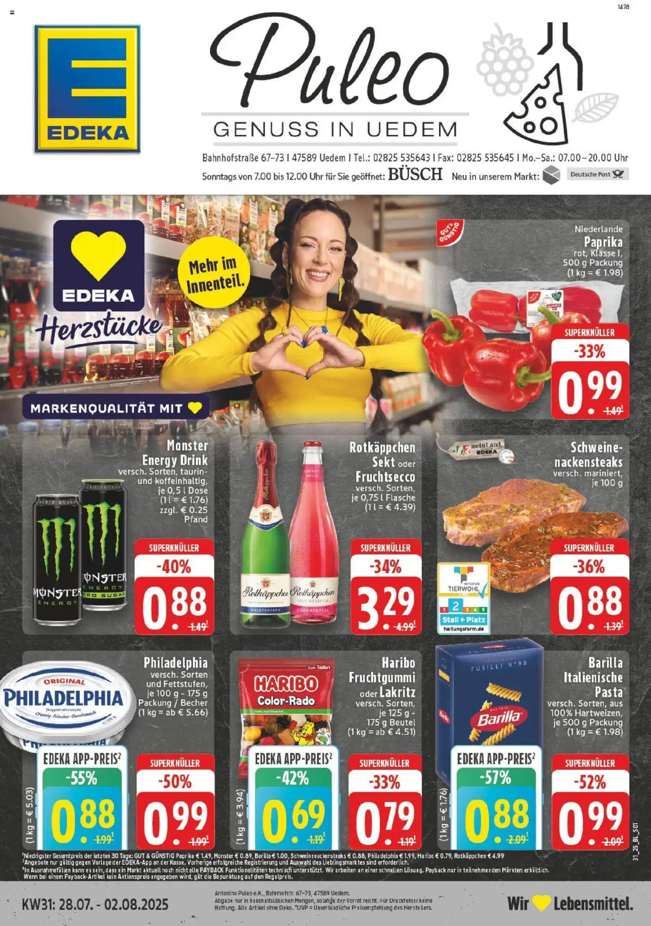 Edeka prospekt Uedem	 - gültig ab dem 27.07.2025 | Seite: 1 | Produkte: Nackensteaks, Barilla, Philadelphia, Äpfel