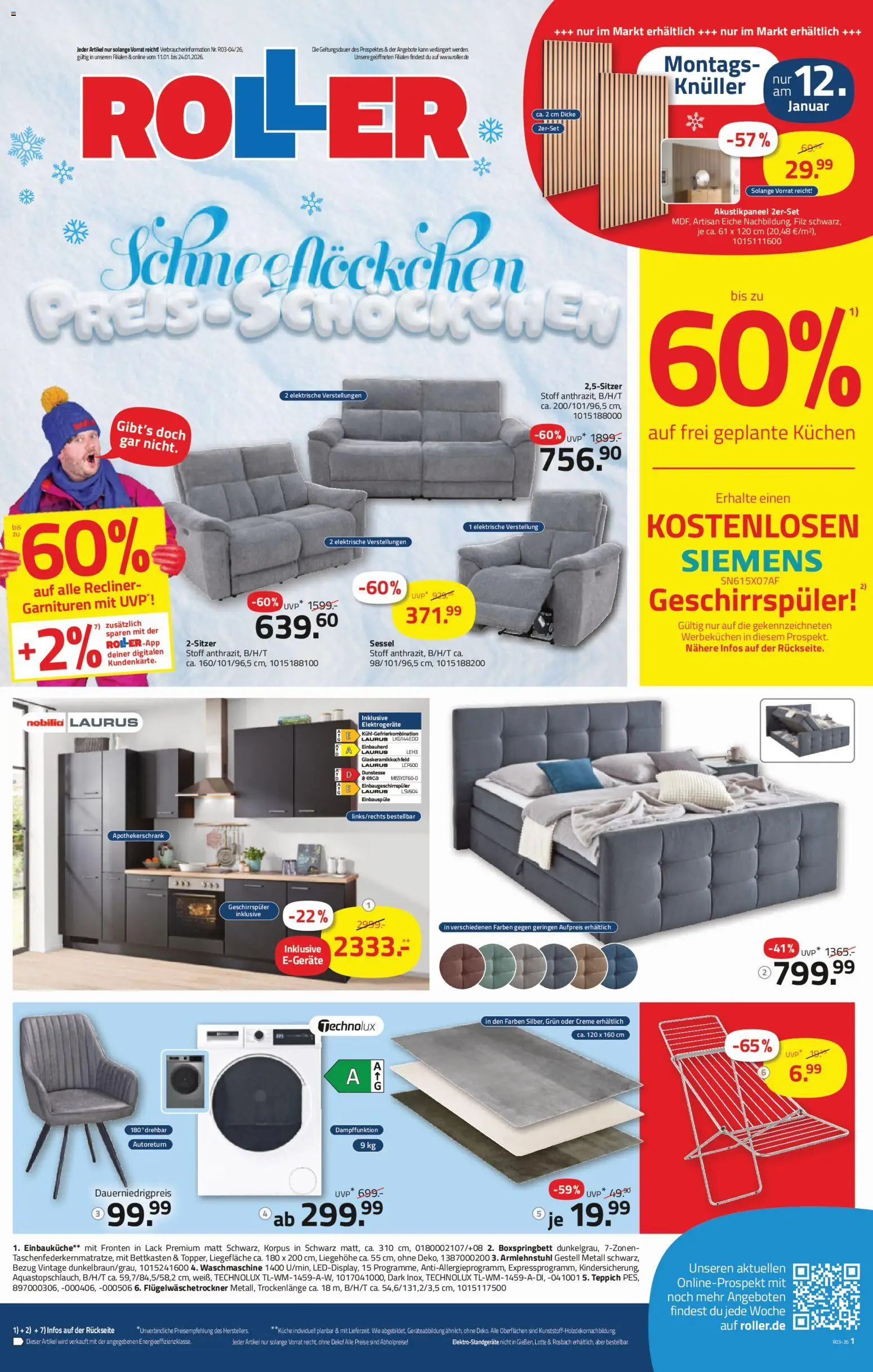 Roller Prospekt 	 – gültig ab 11.01.2026 | Seite: 1 | Produkte: Siemens, Boxspringbett, Teppich, Creme