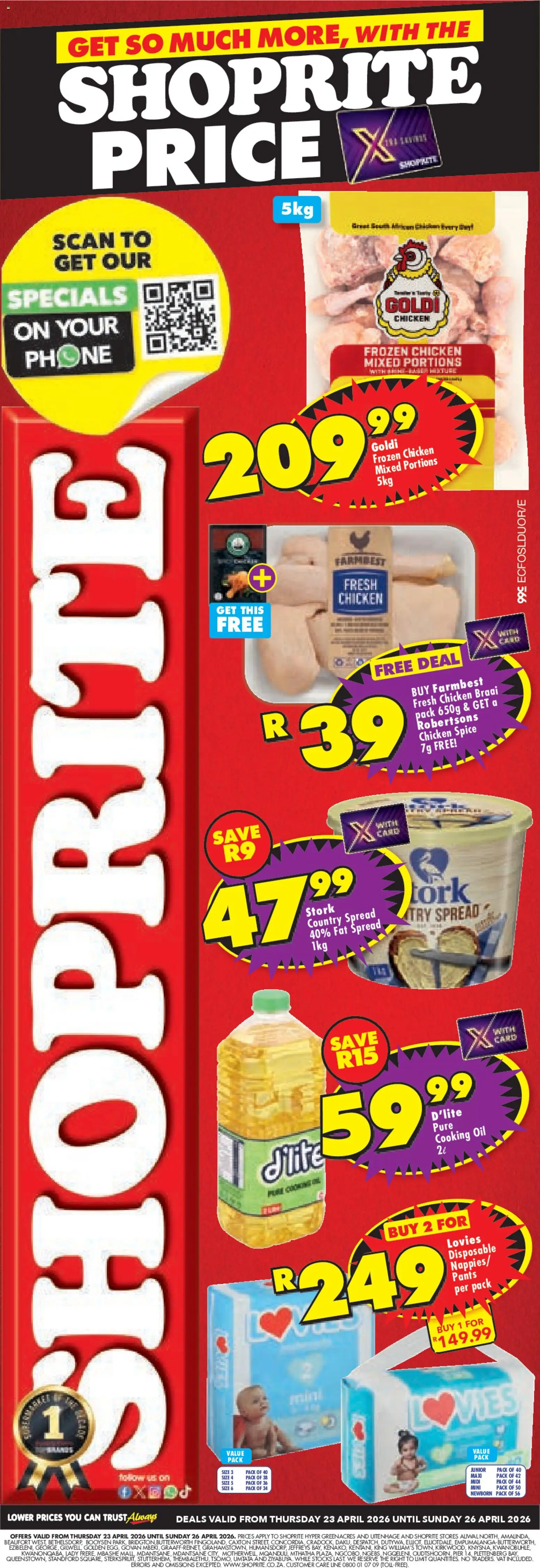 New Shoprite catalogue – valid from 23.04.2026 | Page: 1 | Products: Pants, Phone, Oil, Chicken