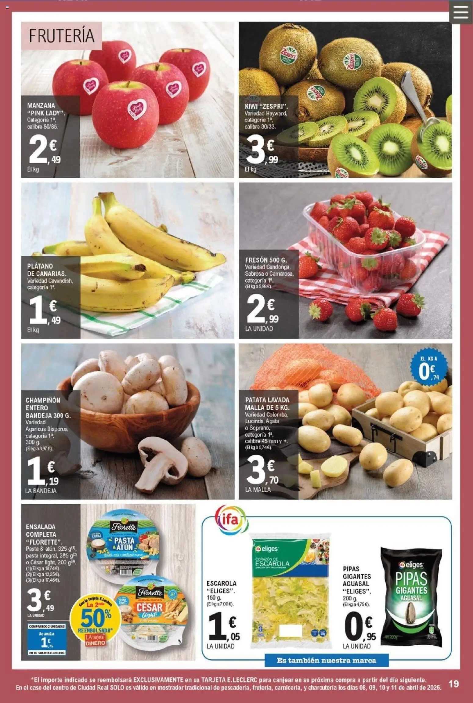 E.Leclerc folleto │ válido desde el 08.04.2026 | Página: 19 | Productos: Pasta, Manzana, Ensalada, Bandeja