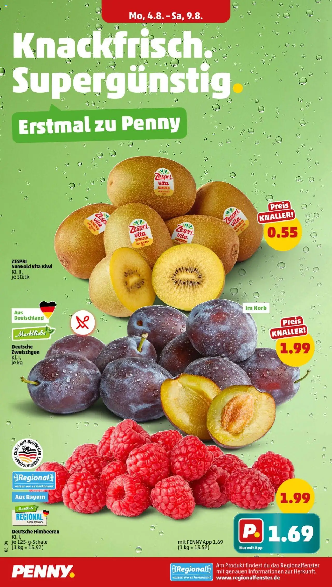 Penny - Bayern - gültig ab dem 04.08.2025 | Seite: 2 | Produkte: Himbeeren, Korb, Zwetschgen, Kiwi