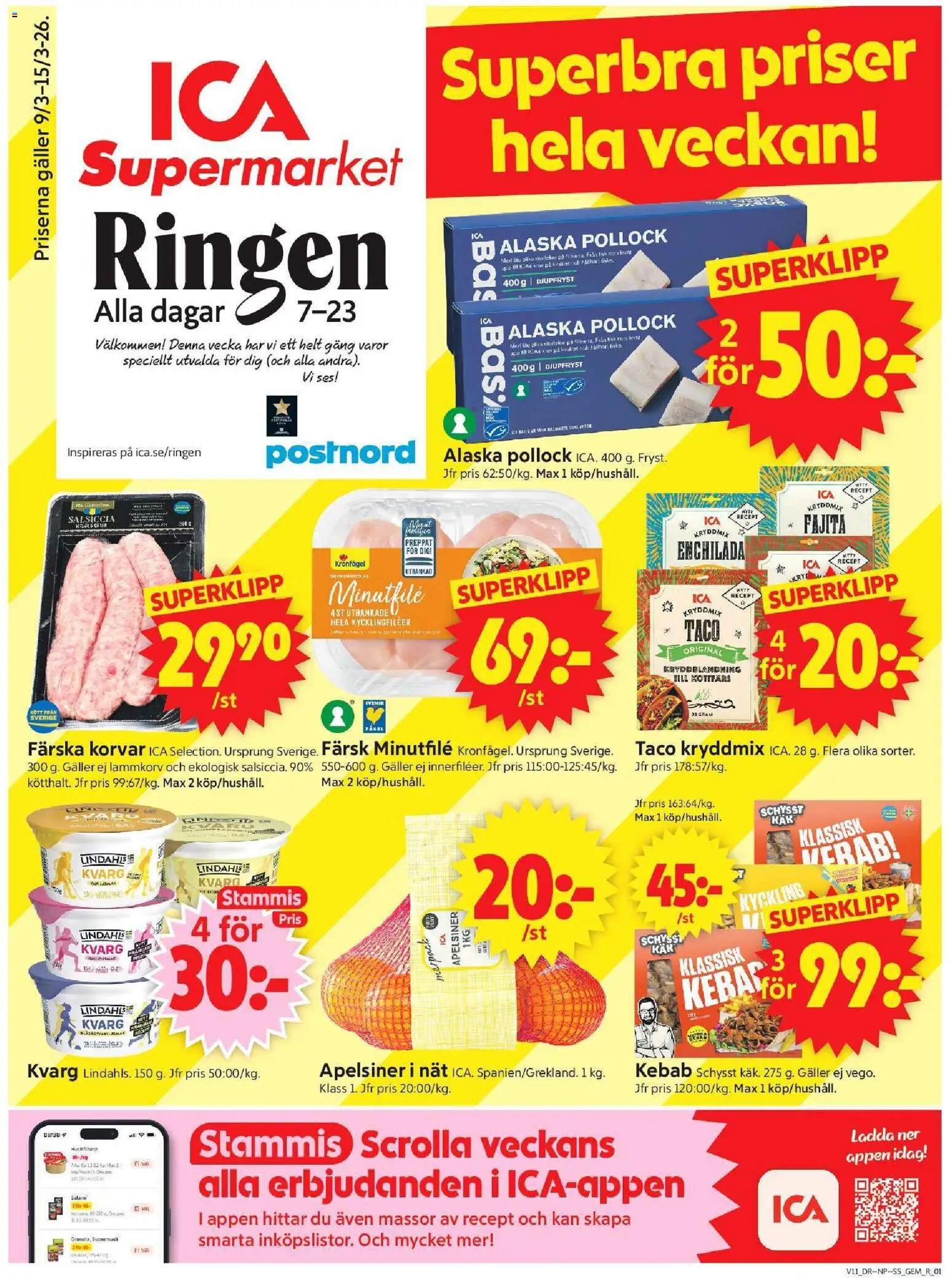 ICA Supermarket reklamblad aktuell från 09.03.2026 | Sida: 1 | Produkter: Gem, Galler, Apelsiner, Kvarg