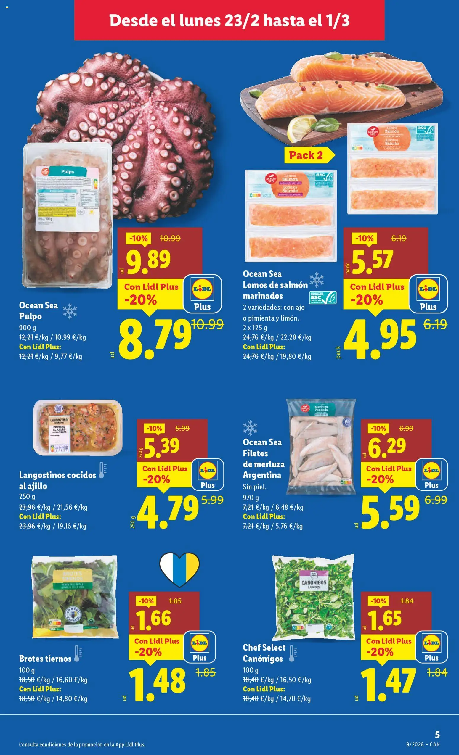 Lidl - Canarias │ válido desde el 23.02.2026 | Página: 5 | Productos: Filetes de merluza, Langostino