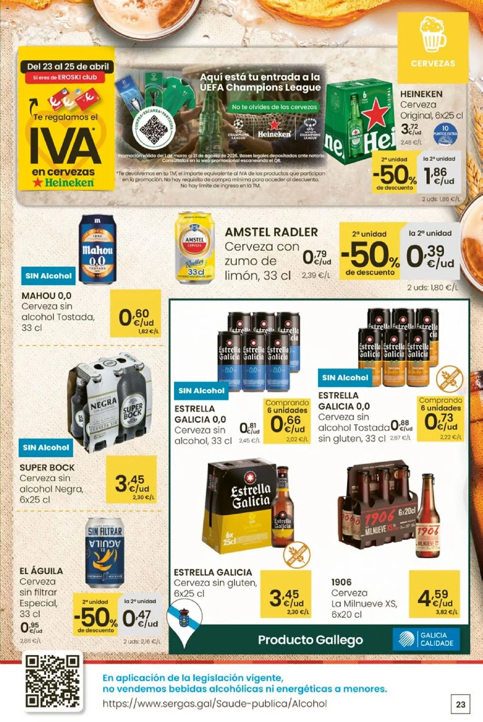 Eroski Quieres ahorrar conmigo │ válido desde el 16.04.2026 | Página: 23 | Productos: Cerveza sin alcohol, Cerveza, Ροζ πιπέρι, Σπανάκι