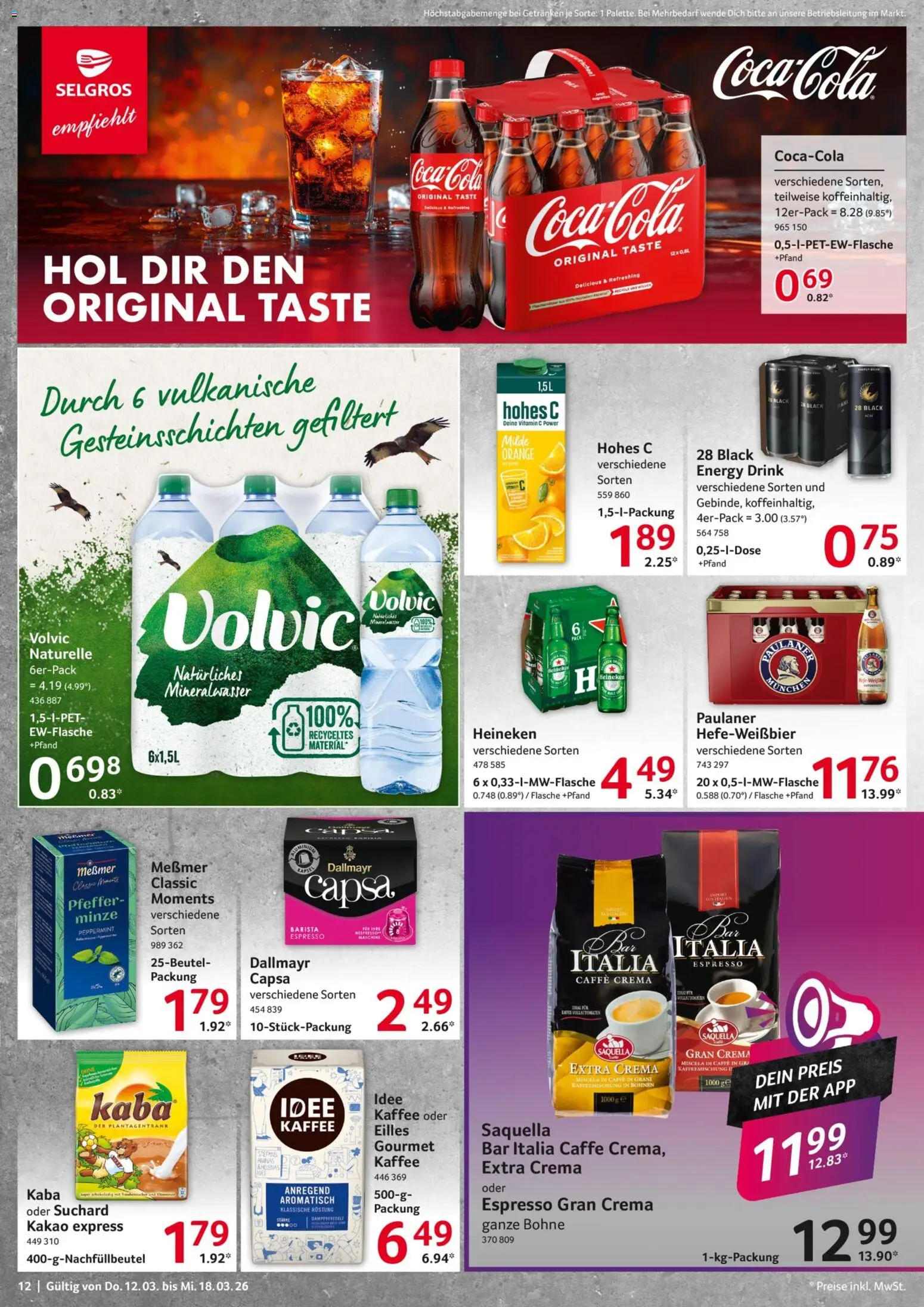 Selgros Prospekt 	 – gültig ab 12.03.2026 | Seite: 12 | Produkte: Energy, Heineken, Dallmayr, Volvic