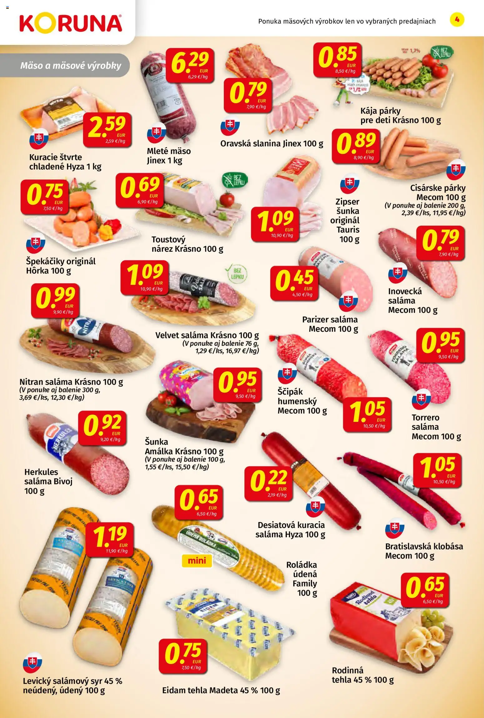 Nové Koruna akcie – leták je platný od 21.11.2025 | Strana: 4 | Produkty: Saláma, Klobása, Eidam, Mleté mäso